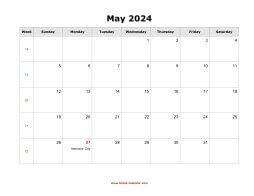 blank may holidays calendar 2024 landscape
