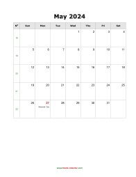blank may holidays calendar 2024 portrait