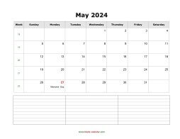 May 2024 Blank Calendar (horizontal, space for notes)