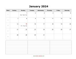 blank monthly calendar 2024 with notes landscape