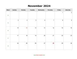November 2024 Blank Calendar (horizontal)