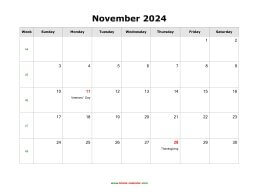November 2024 Blank Calendar with US Holidays (horizontal)