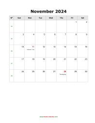 November 2024 Blank Calendar (US Holidays, vertical)
