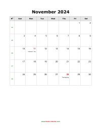blank november holidays calendar 2024 portrait