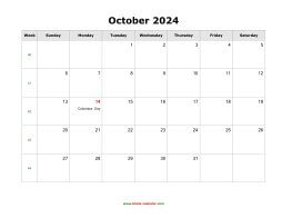 blank october holidays calendar 2024 landscape