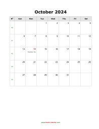 October 2024 Blank Calendar (US Holidays, vertical)