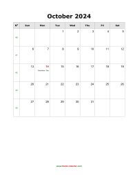 blank october holidays calendar 2024 portrait