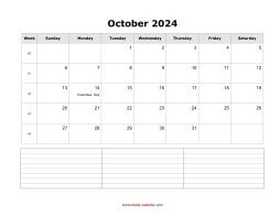 October 2024 Blank Calendar (horizontal, space for notes)
