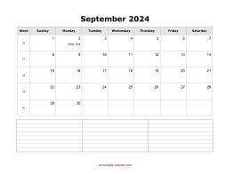 September 2024 Blank Calendar (horizontal, space for notes)