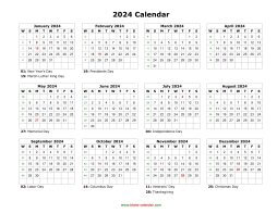 Blank Calendar 2024 (US Holidays, one page, horizontal)
