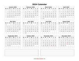 blank calendar 2024 yearly calendar notes blank landscape