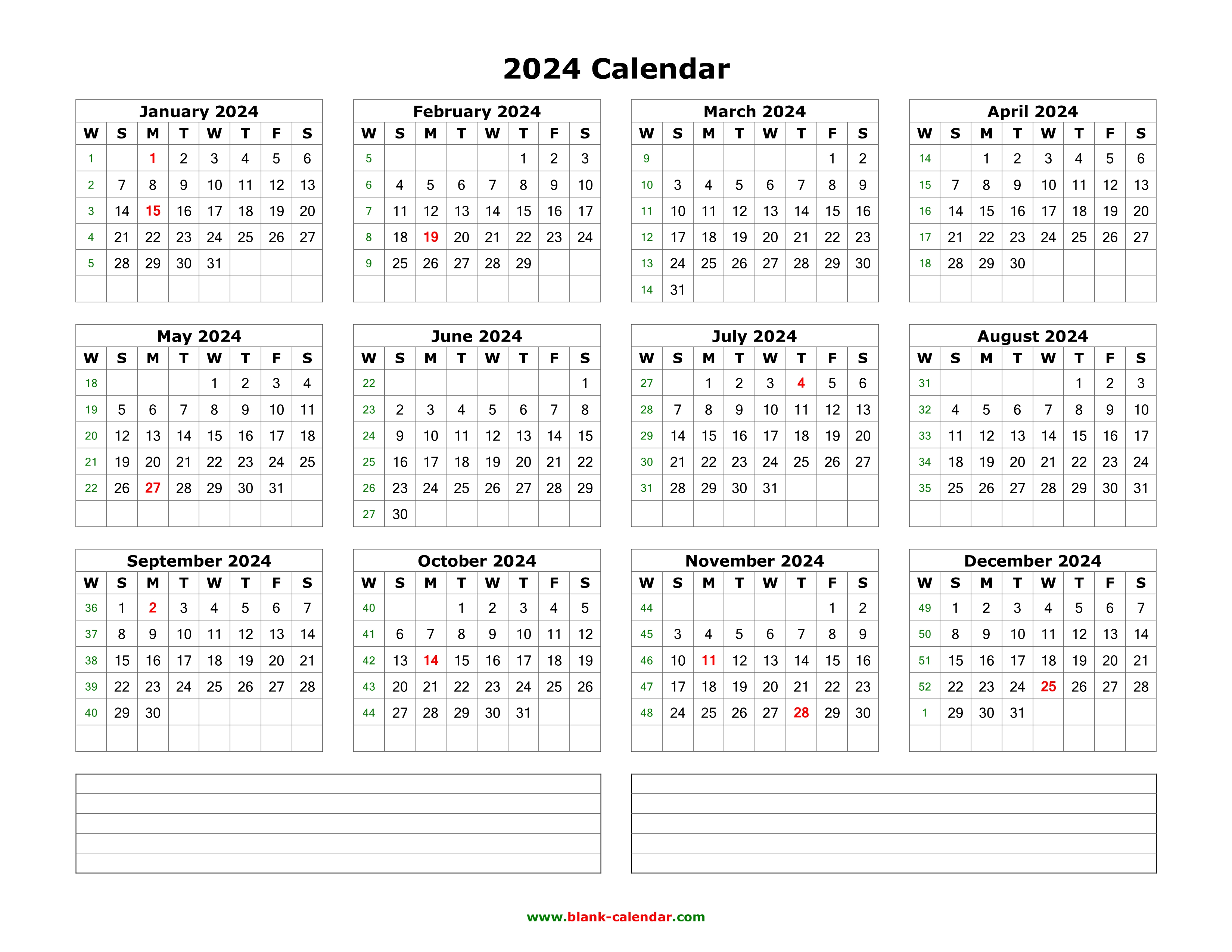 Download Blank Calendar 2024 with Space for Notes (12 months on one