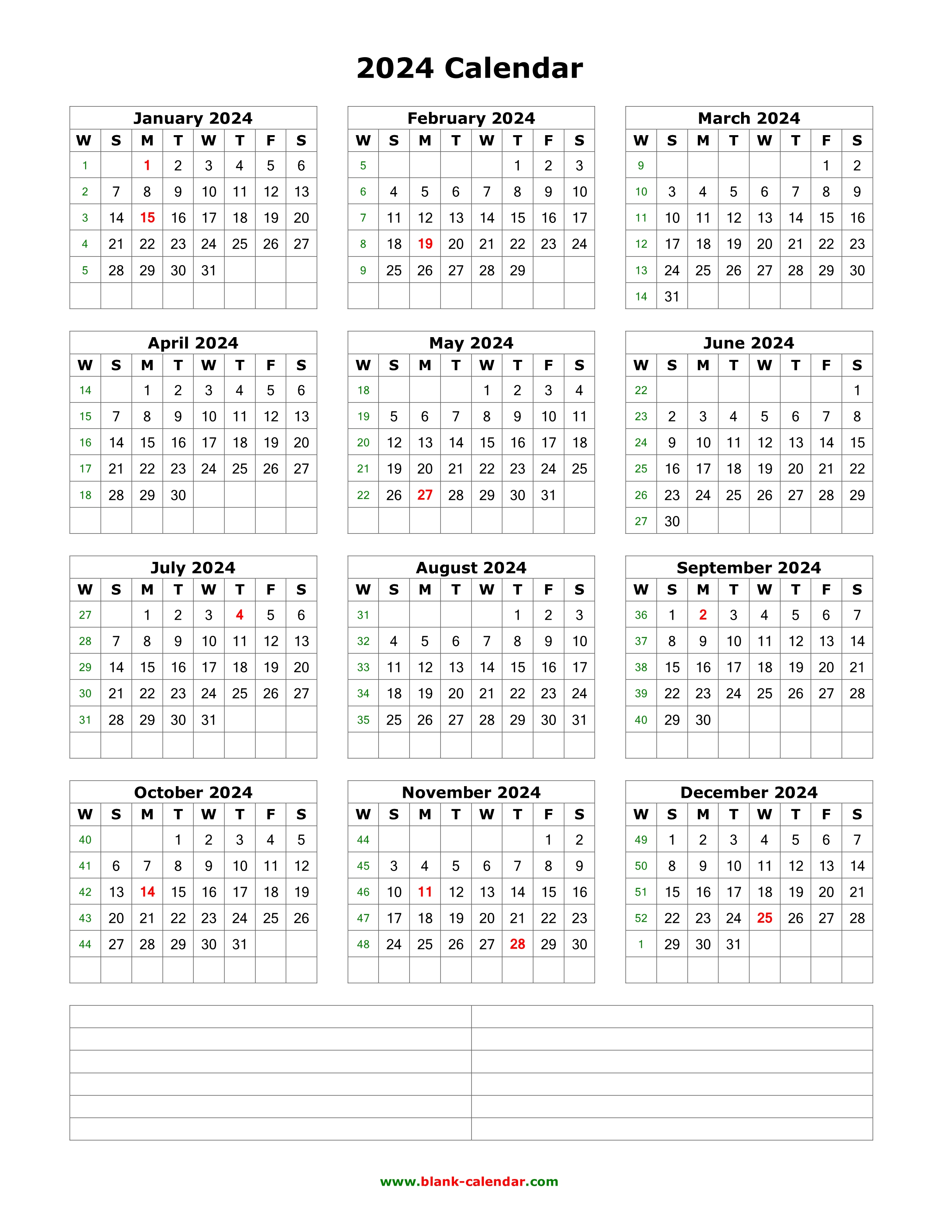 Download Blank Calendar 2024 with Space for Notes (12 months on one