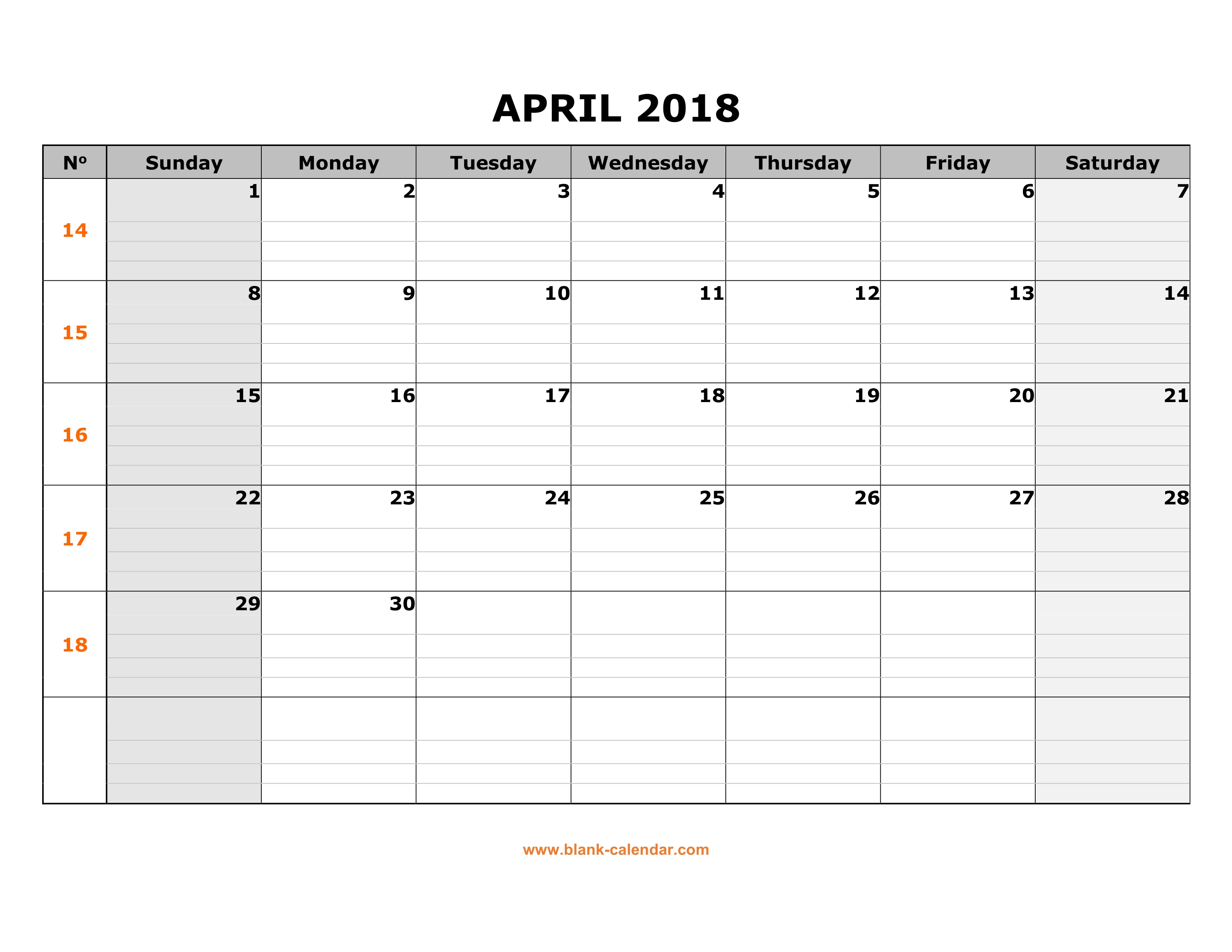Free Download Printable April 2018 Calendar Large Box Grid Space For 
