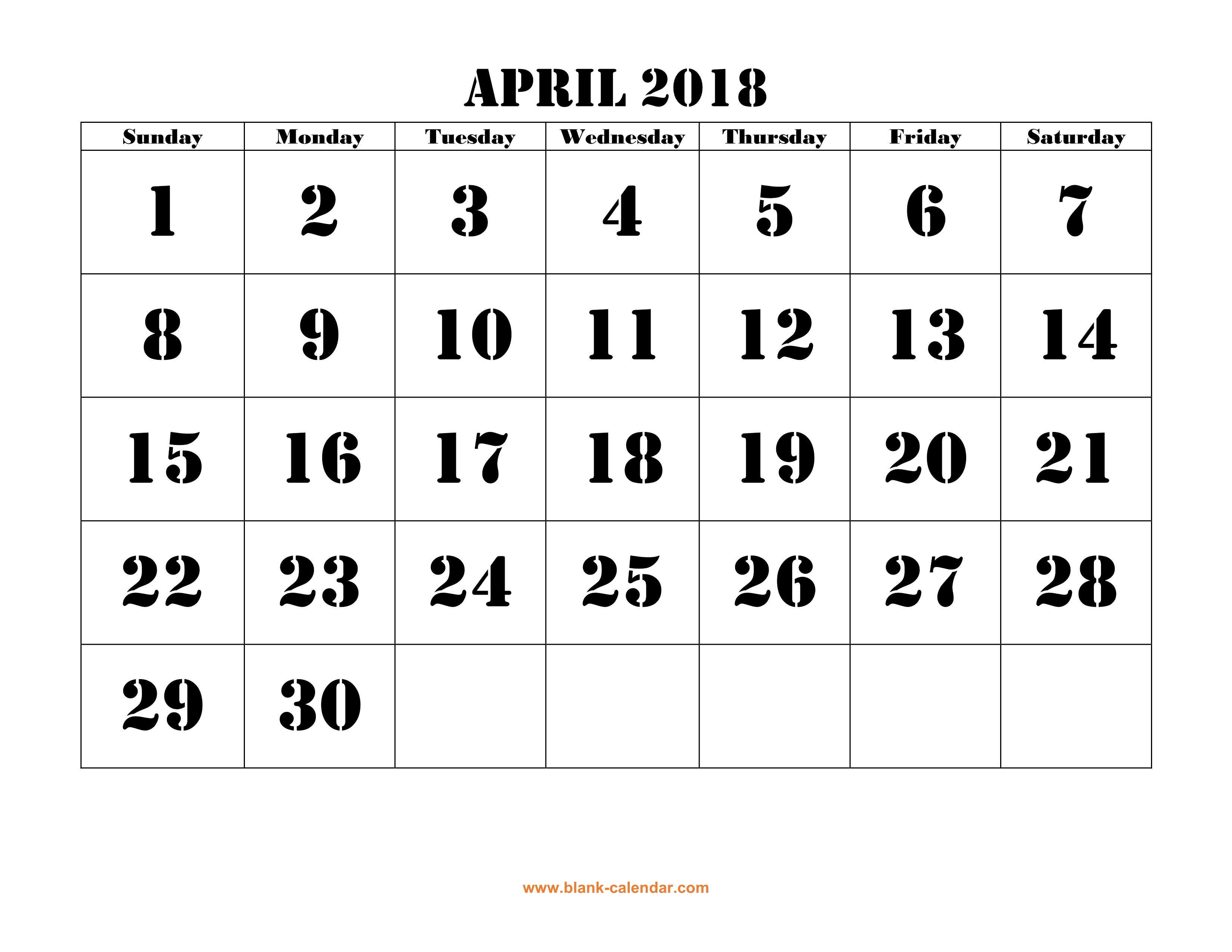 Free Download Printable April 2018 Calendar Large Font Design