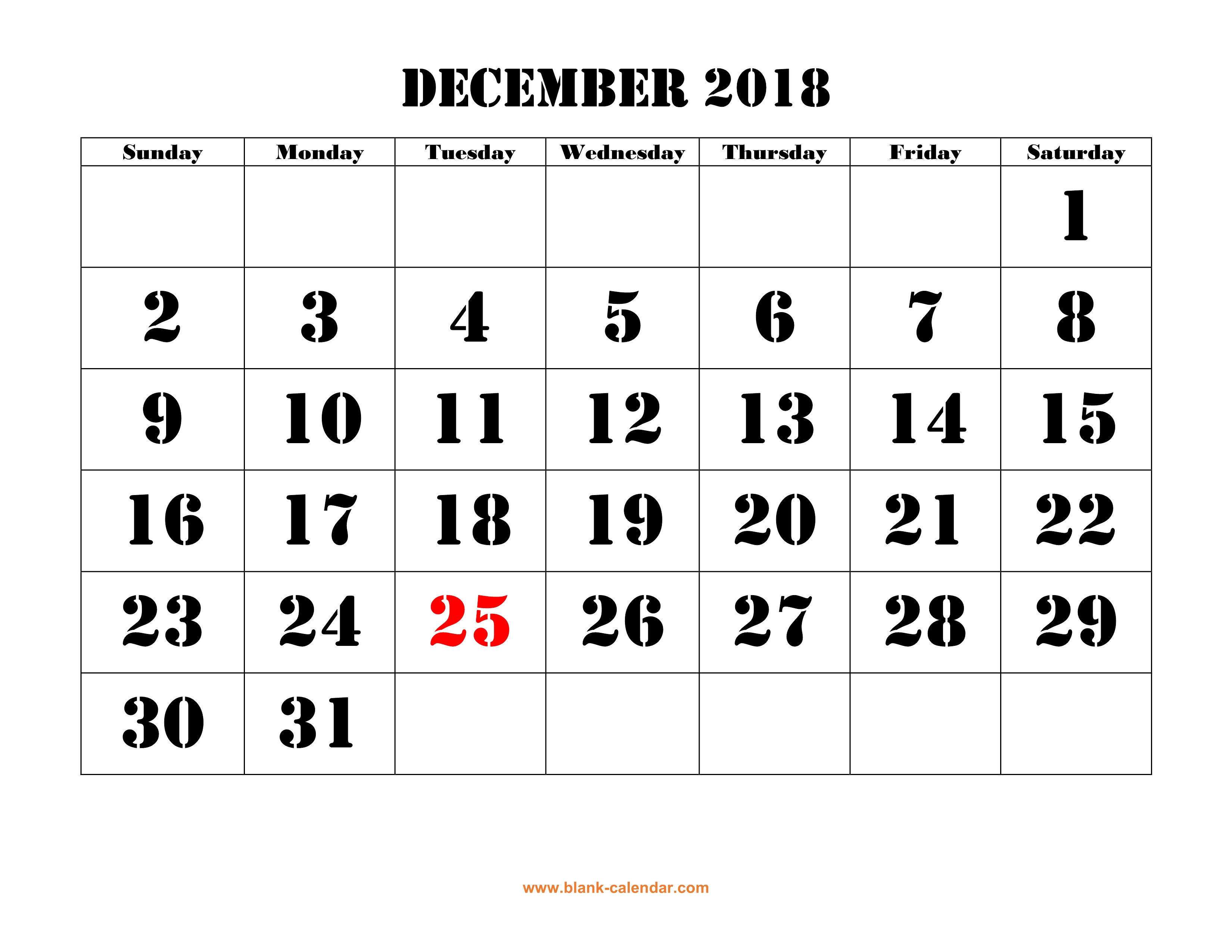 Free Download Printable December 2018 Calendar Large Font Design 