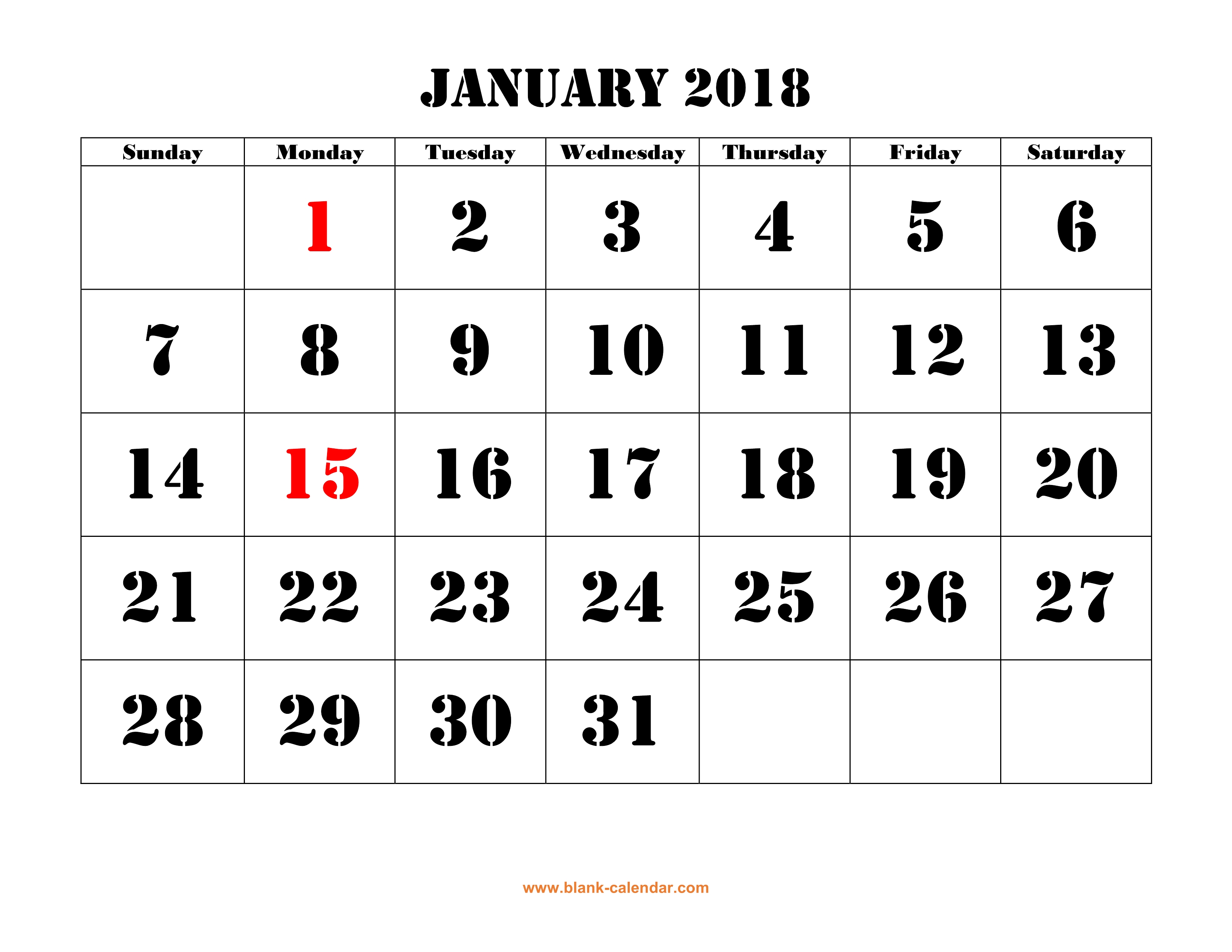 January 2018 Calendar Pdf