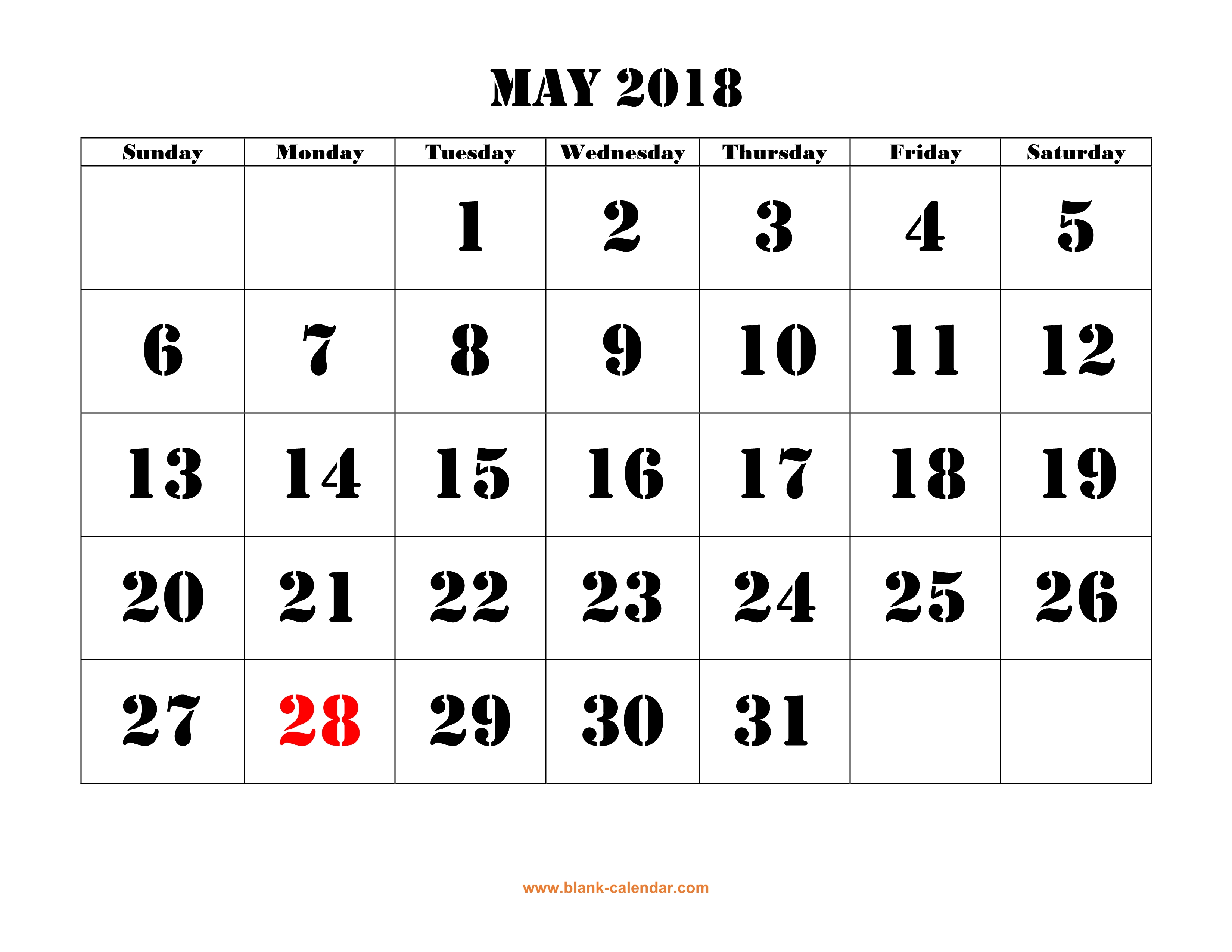 Free Download Printable May 2018 Calendar Large Font Design Holidays 