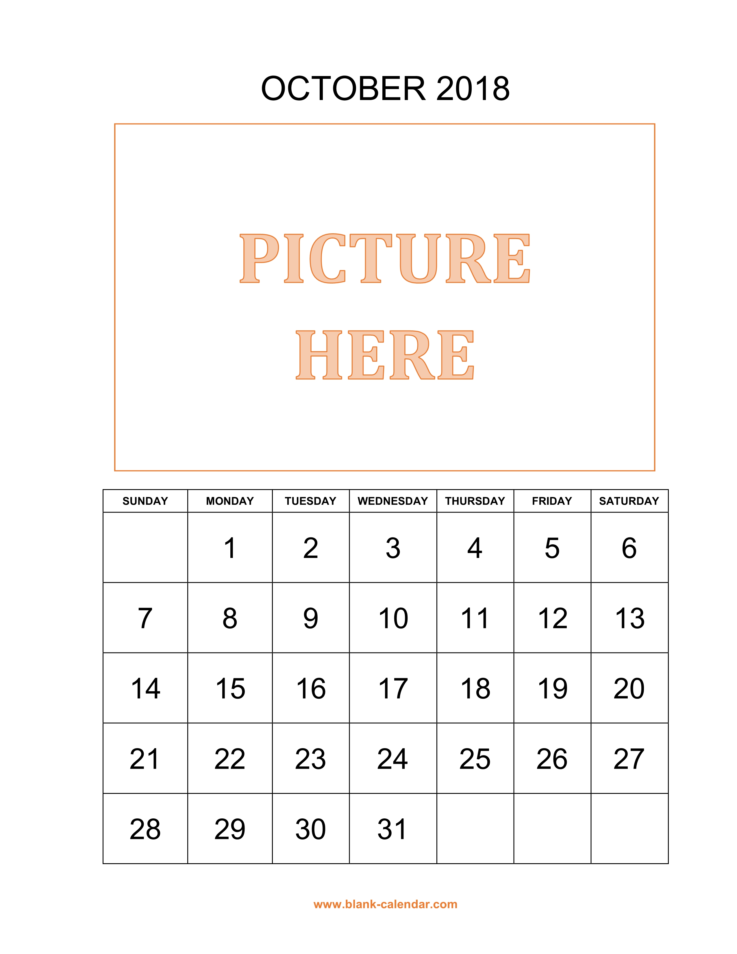 Free Download Printable October 2018 Calendar Pictures Can Be Placed