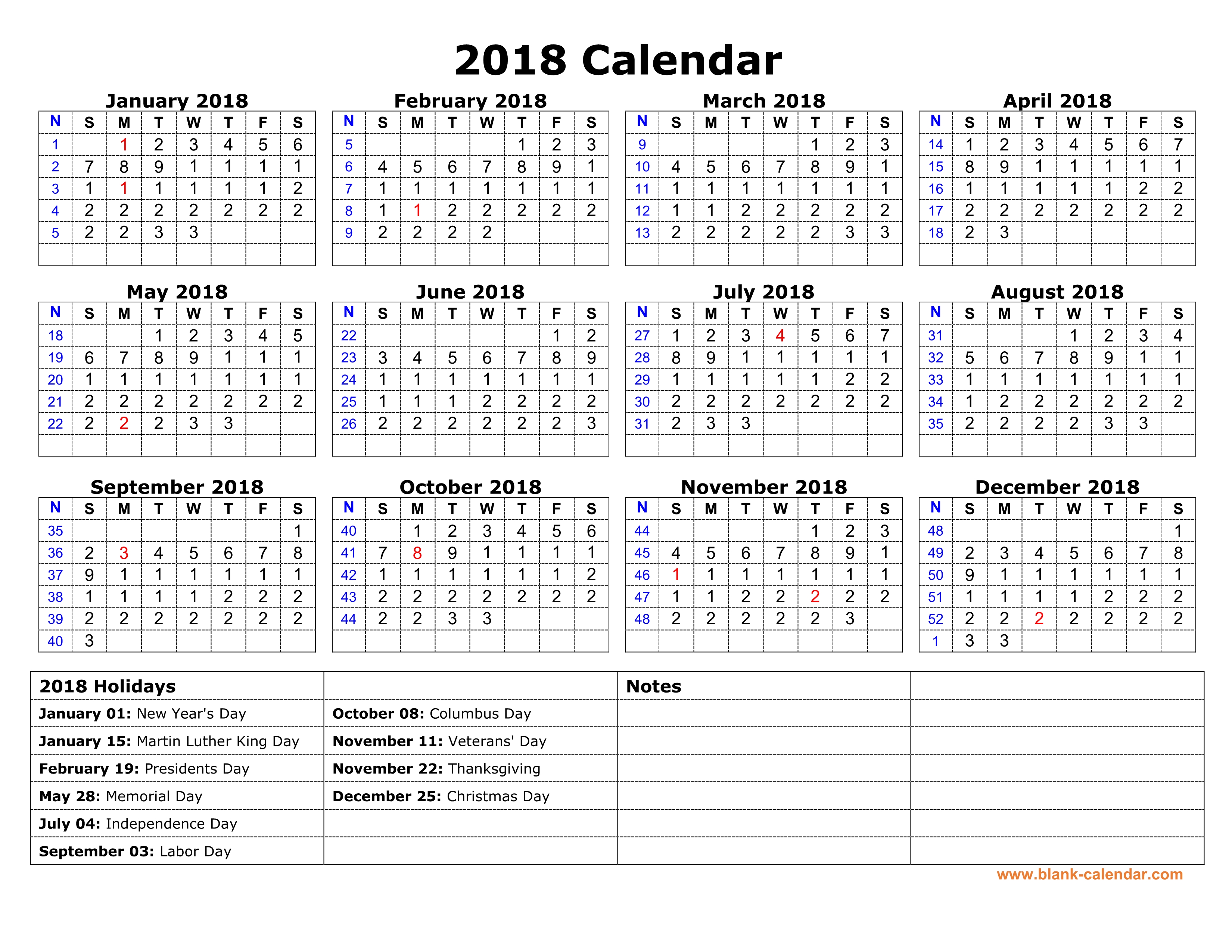 Free Download Printable Calendar 2018 with US Federal Holidays, one ...