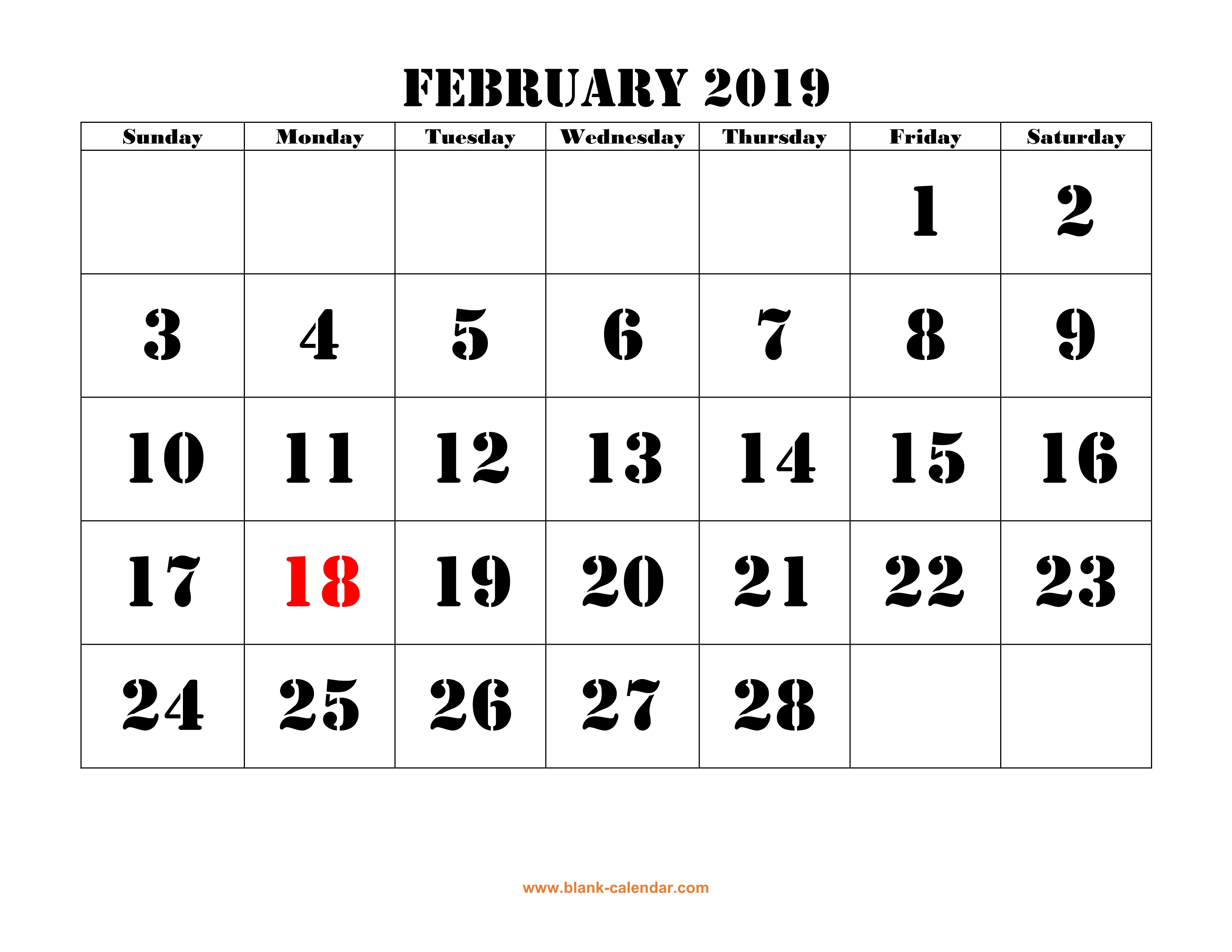 Free Download Printable February 2019 Calendar Large Font Design