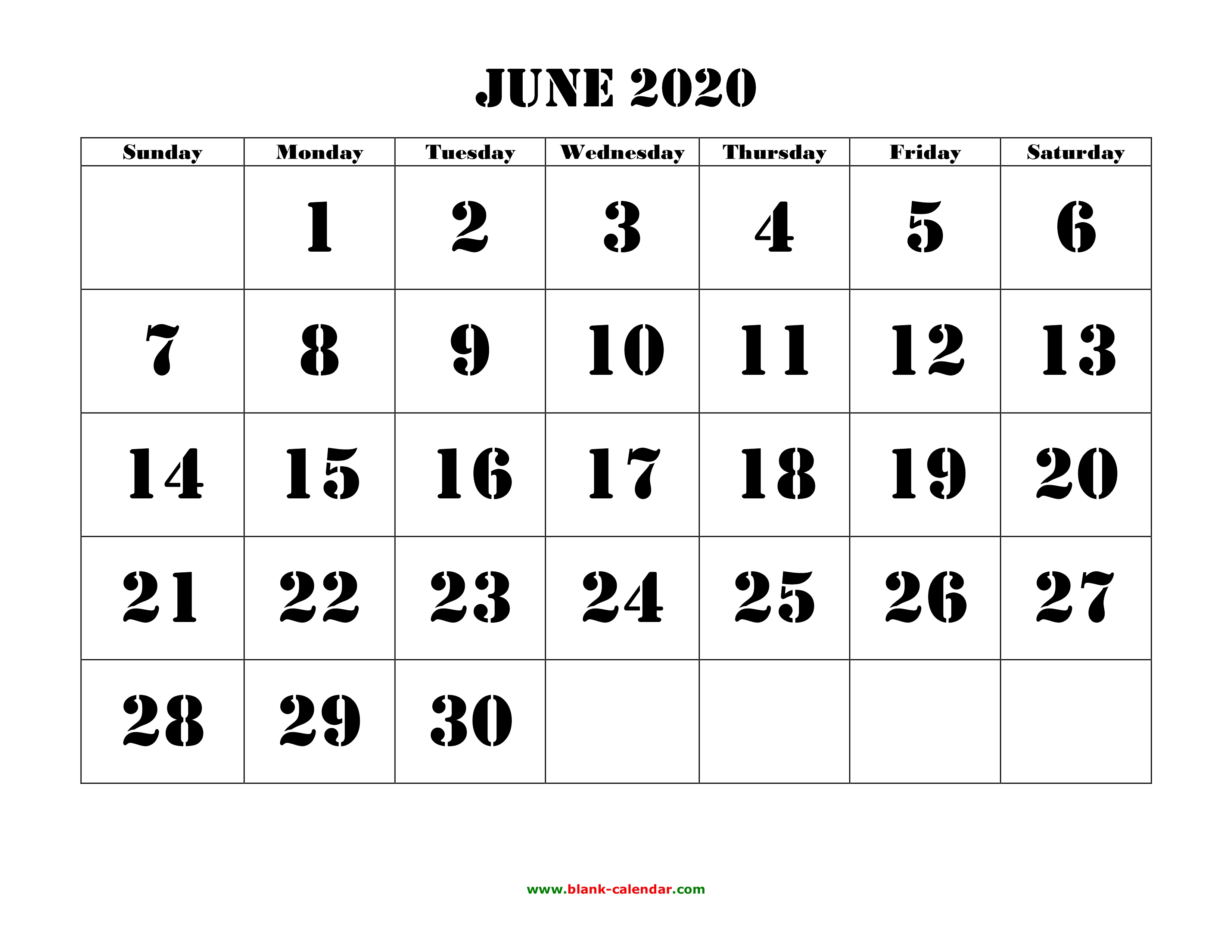 Free Download Printable June 2020 Calendar Large Font Design
