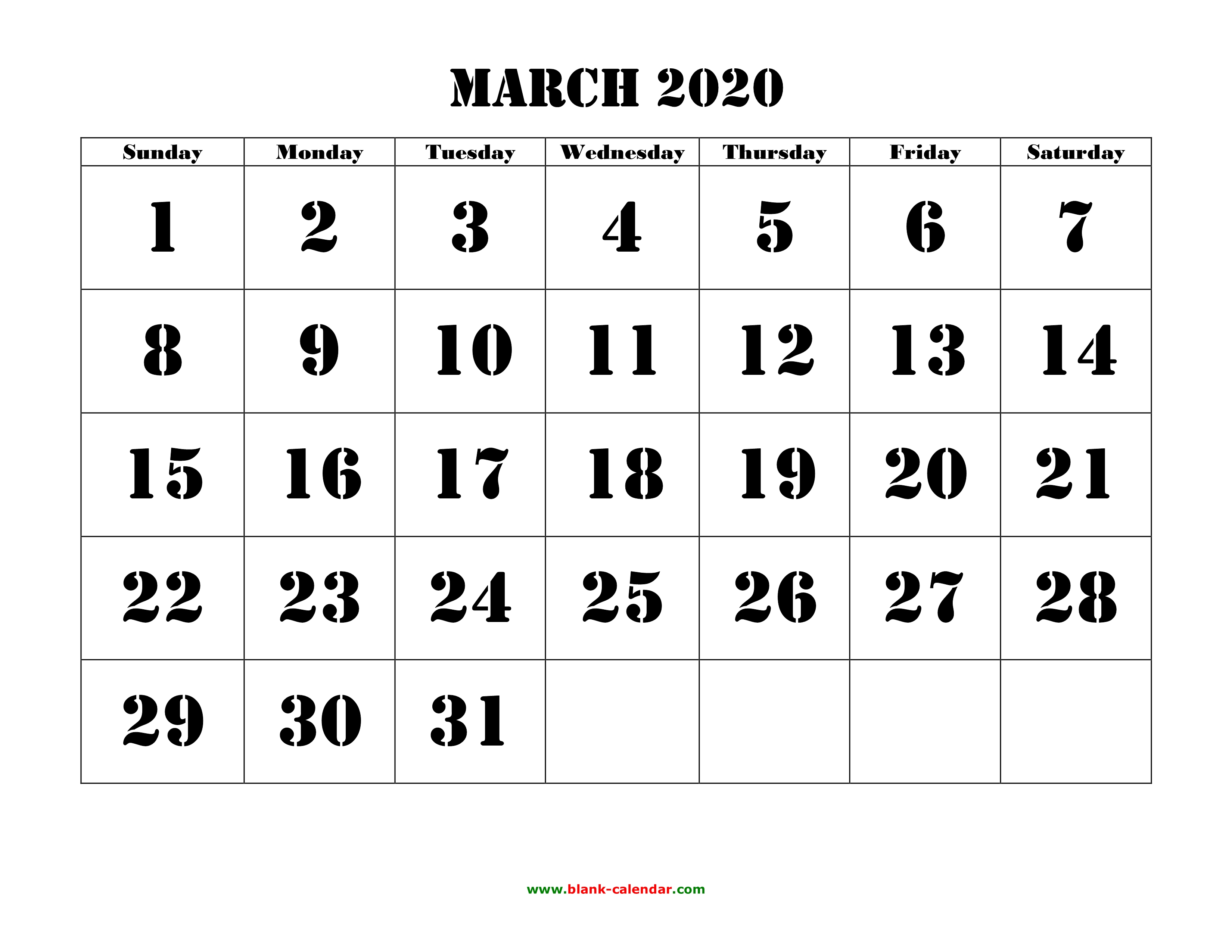 Free Download Printable March 2020 Calendar Large Font