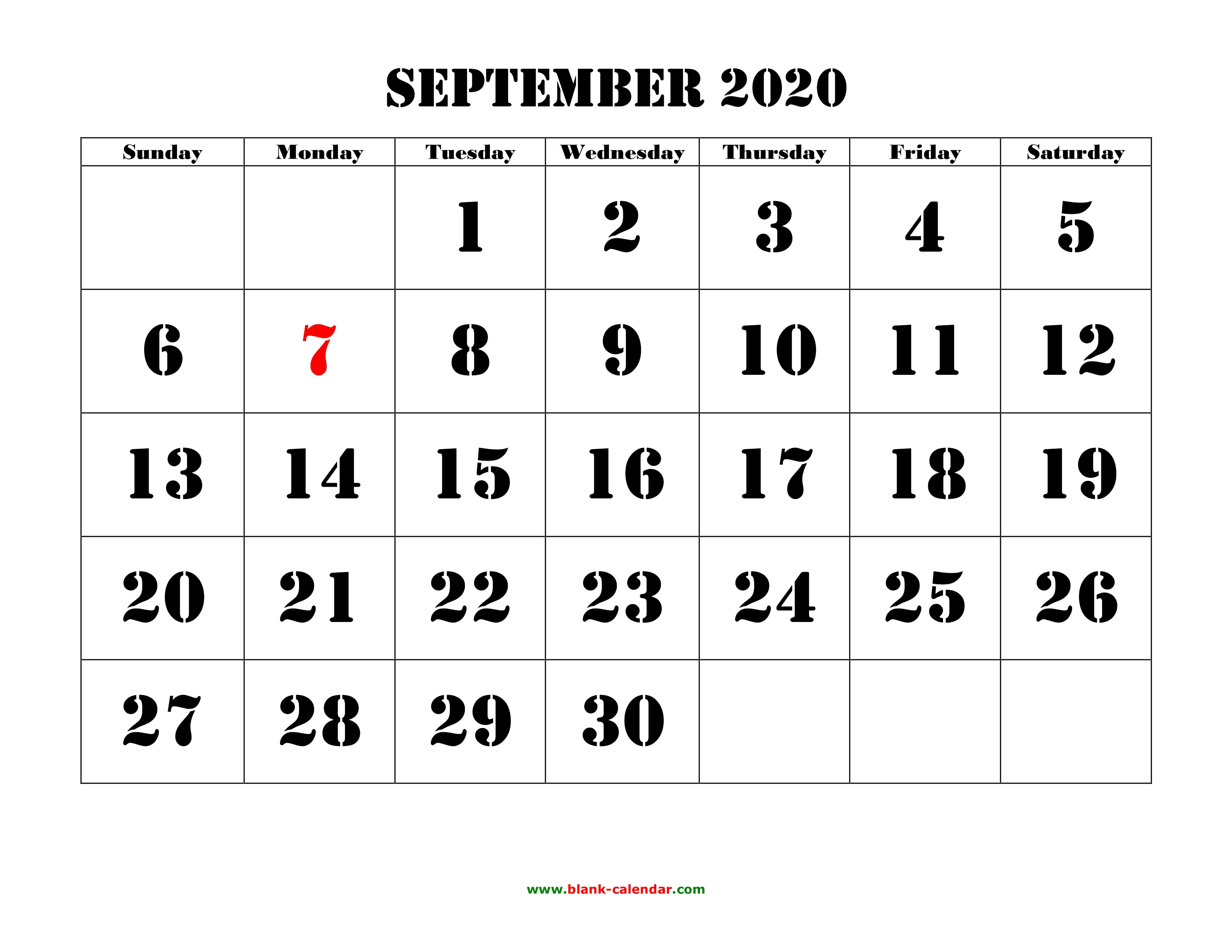Free Download Printable September 2020 Calendar Large Font Design