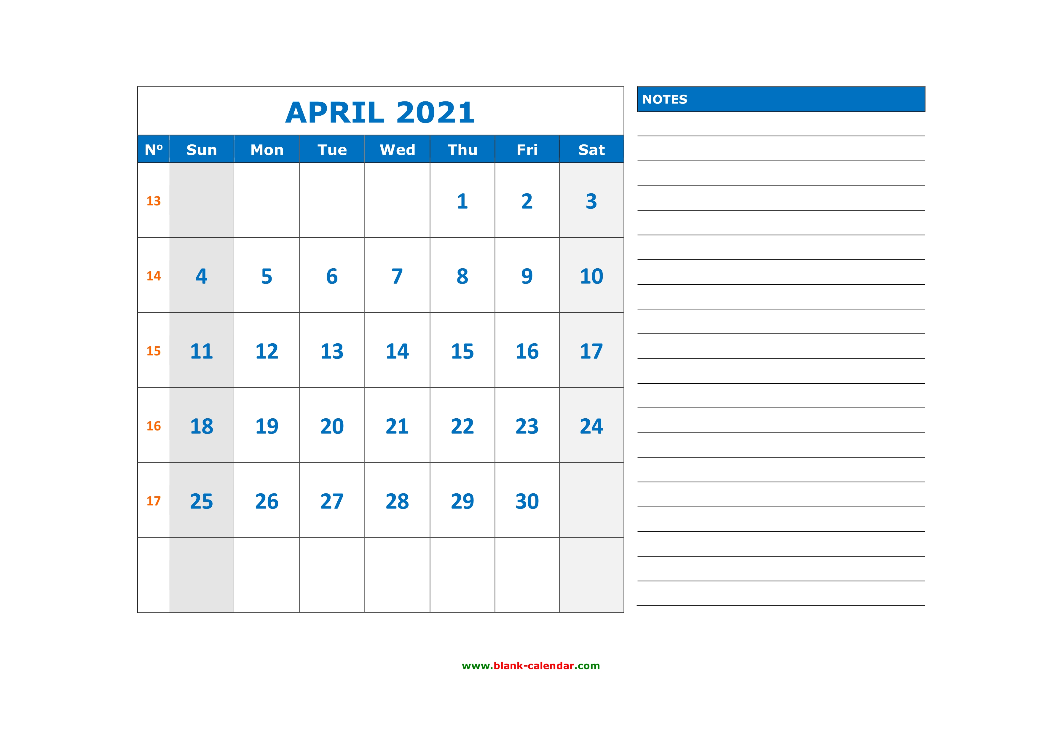 Free Download Printable April 2021 Calendar, large space for appointment and notes