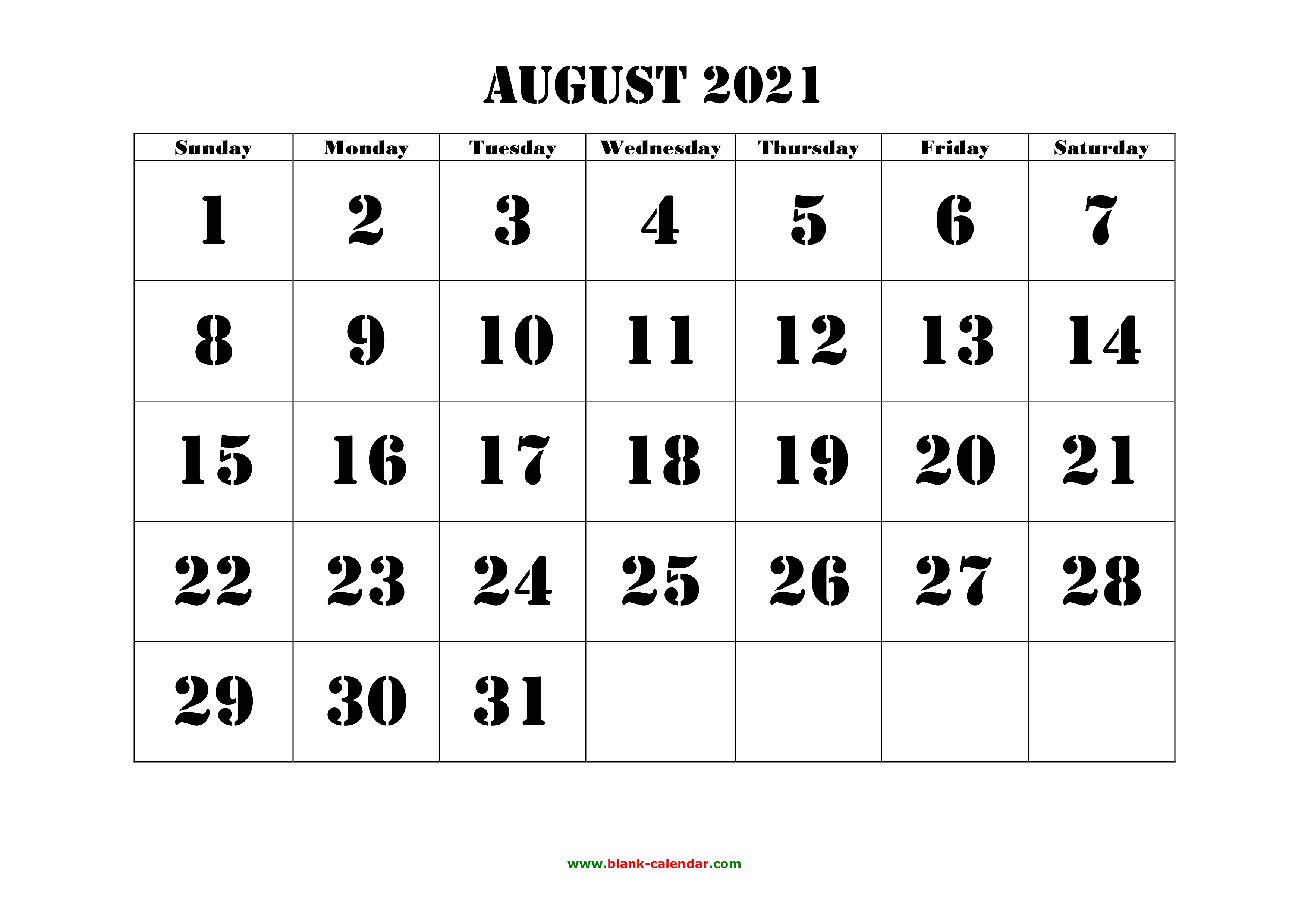Calendar Of August 2021 Free Download Printable August 2021 Calendar, large font design 