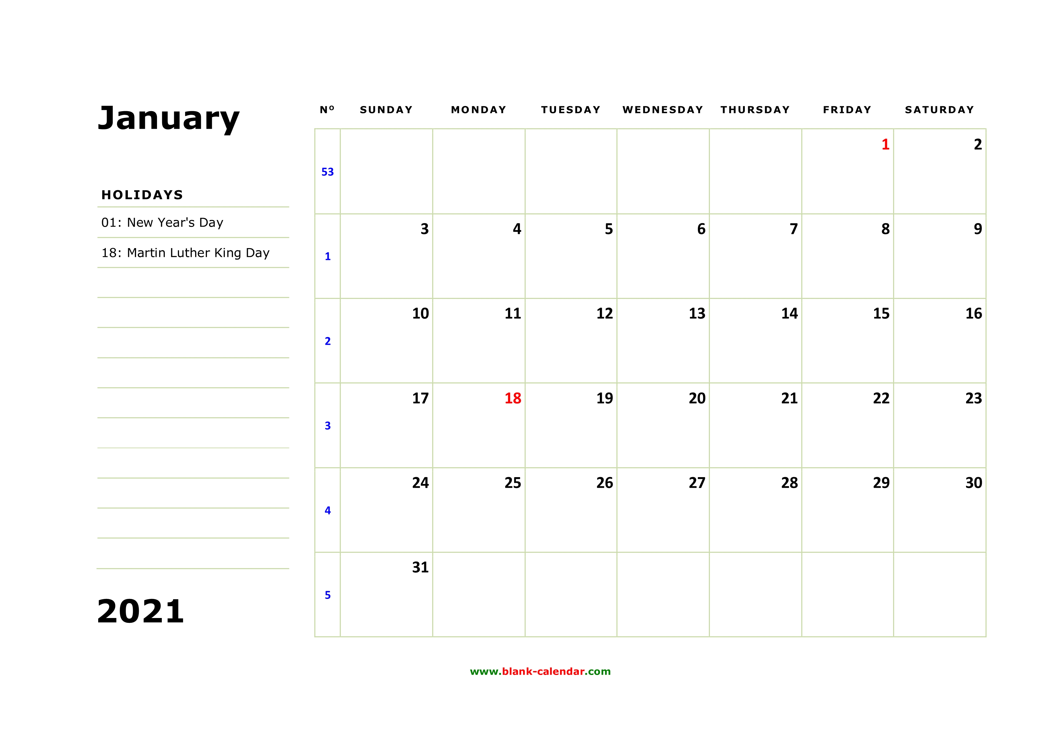 Free Download Printable January 2021 Calendar Large Box Holidays