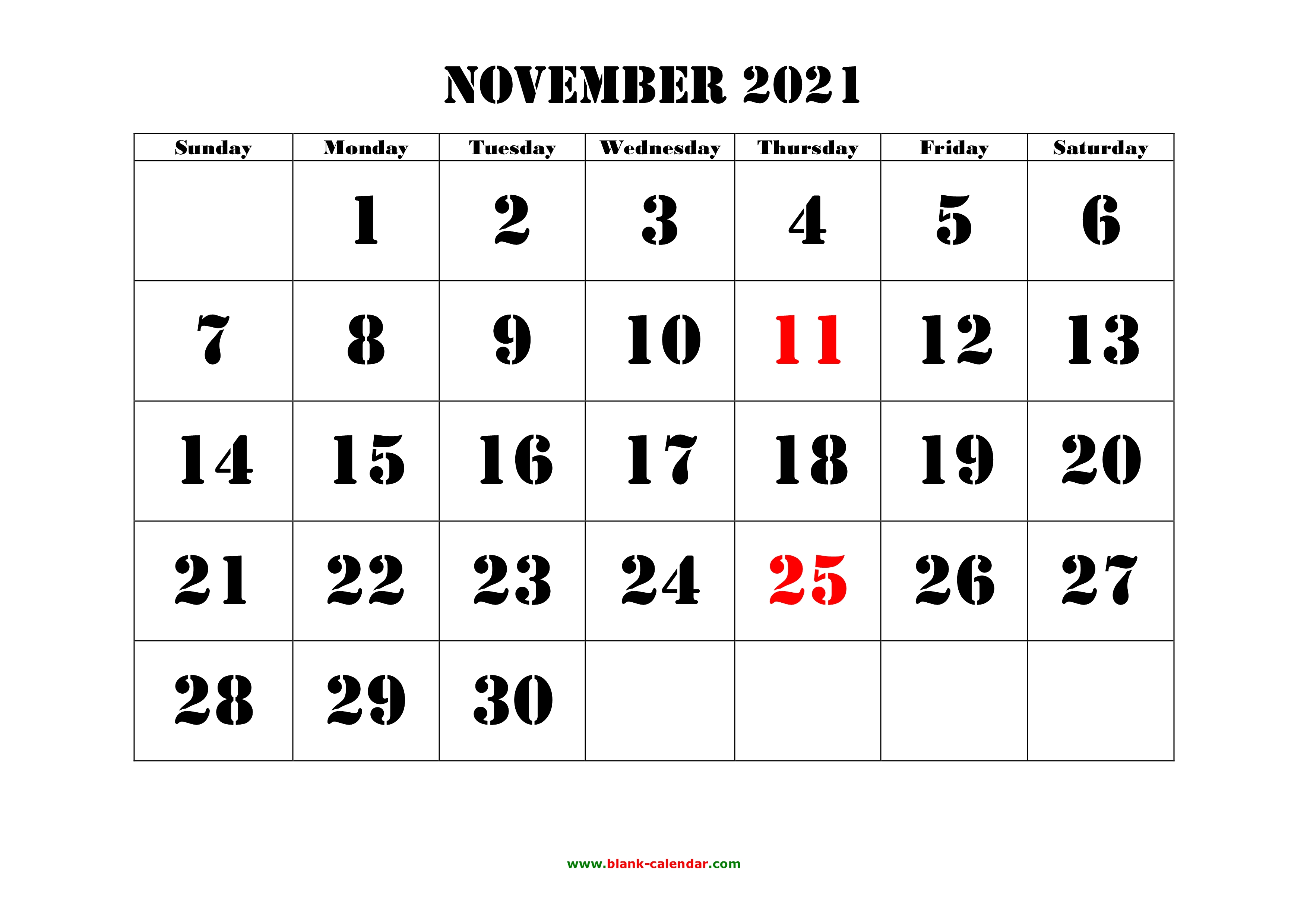 nov 2021 calendar with holidays Free Download Printable November 2021 Calendar Large Font Design Holidays On Red nov 2021 calendar with holidays