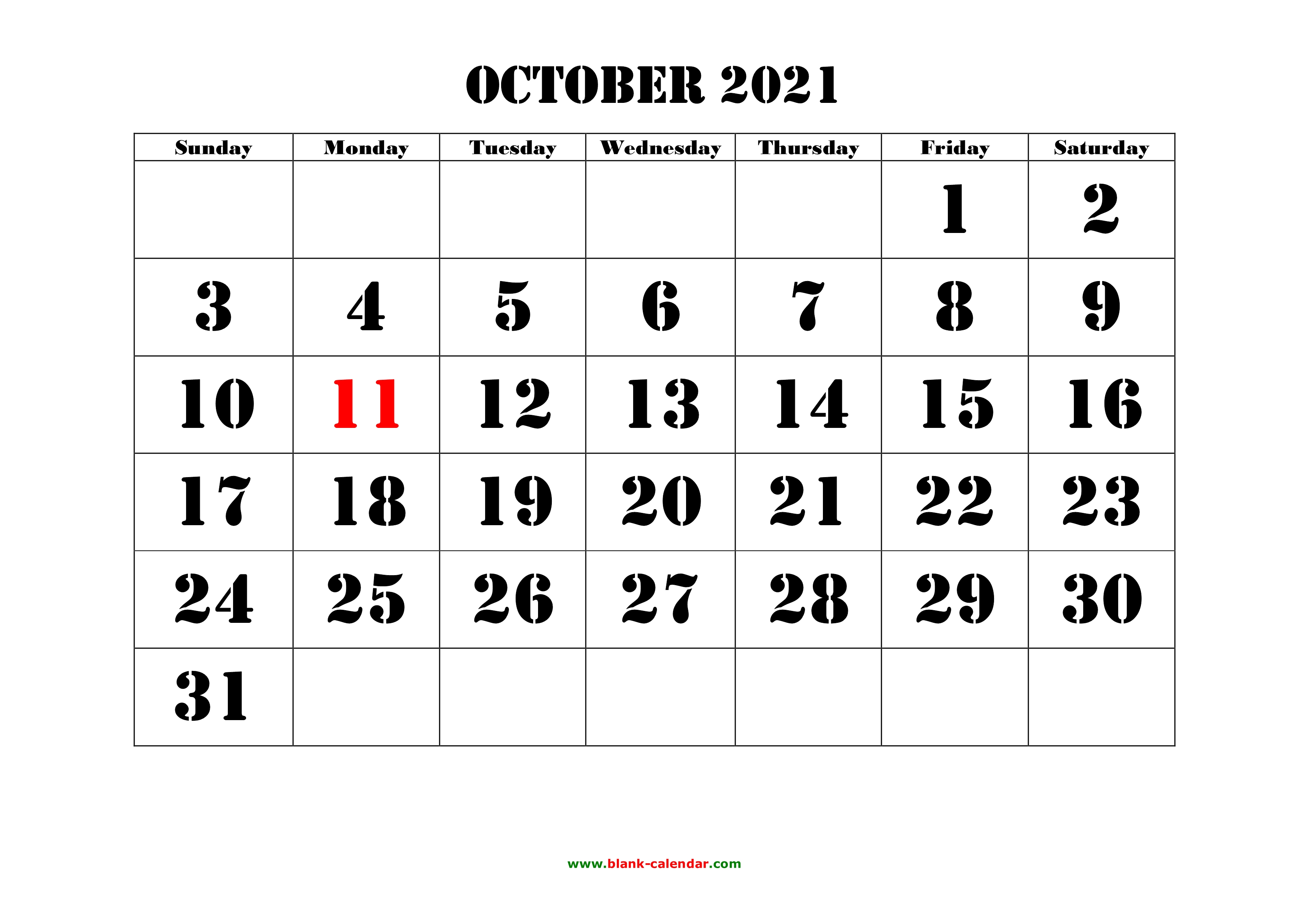 printable calendar october 2021 landscape Free Download Printable October 2021 Calendar Large Font Design Holidays On Red printable calendar october 2021 landscape