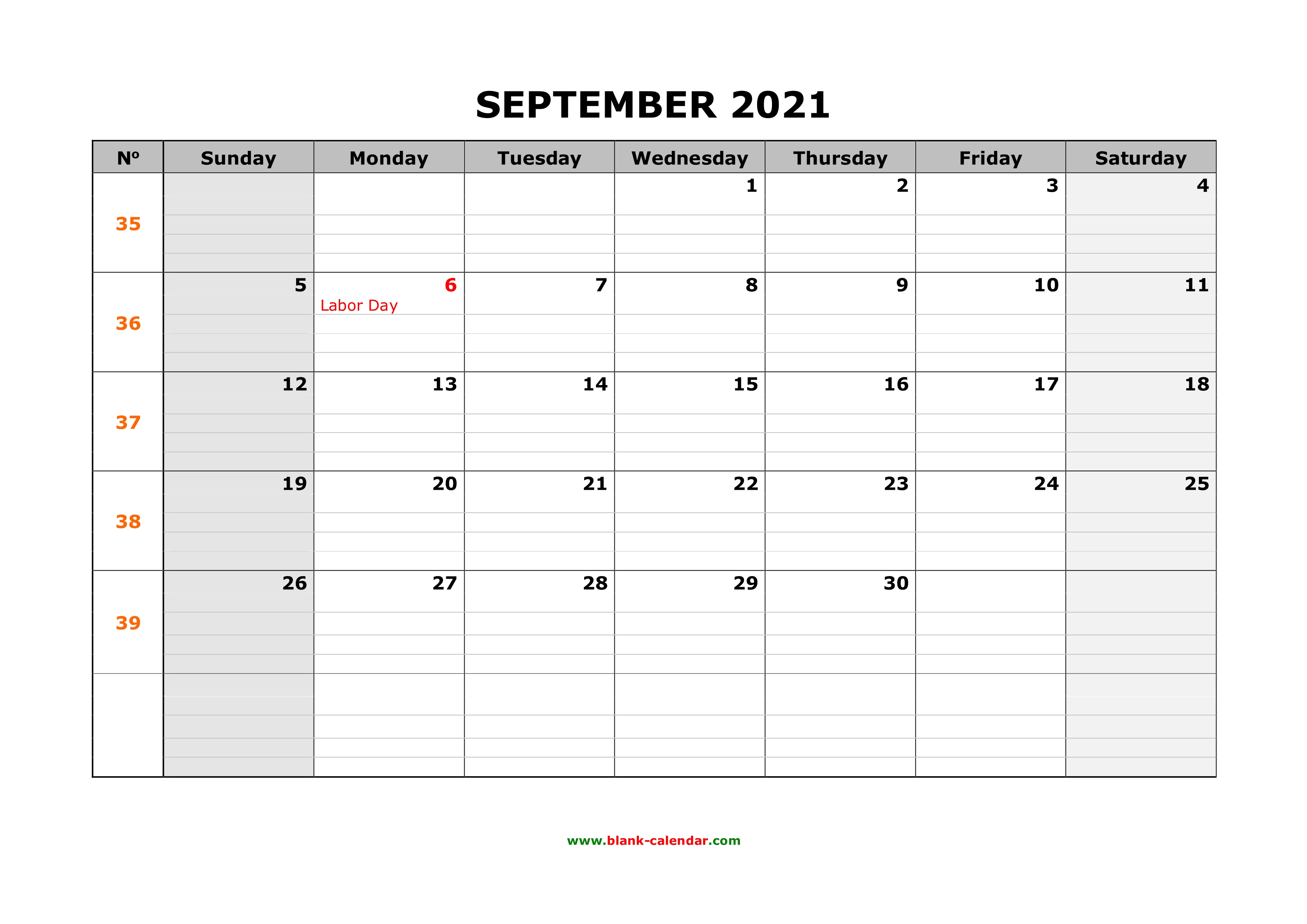 Free Download Printable September 2021 Calendar, large box grid, space