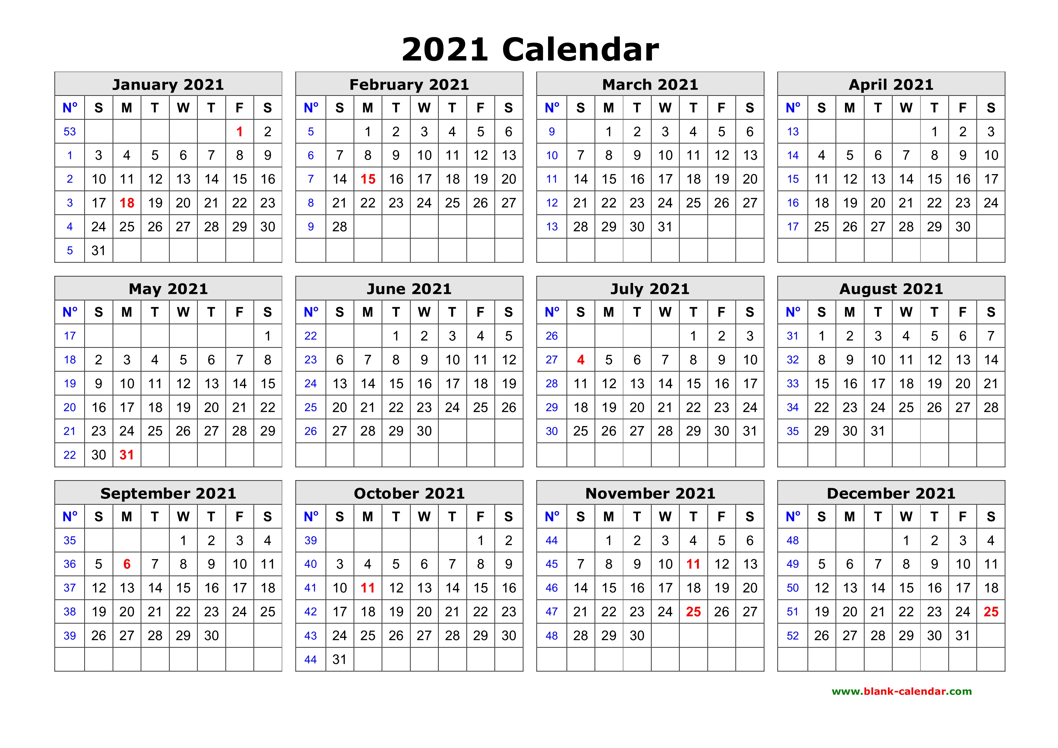 Free Download Printable Calendar 2021 In One Page Clean Design