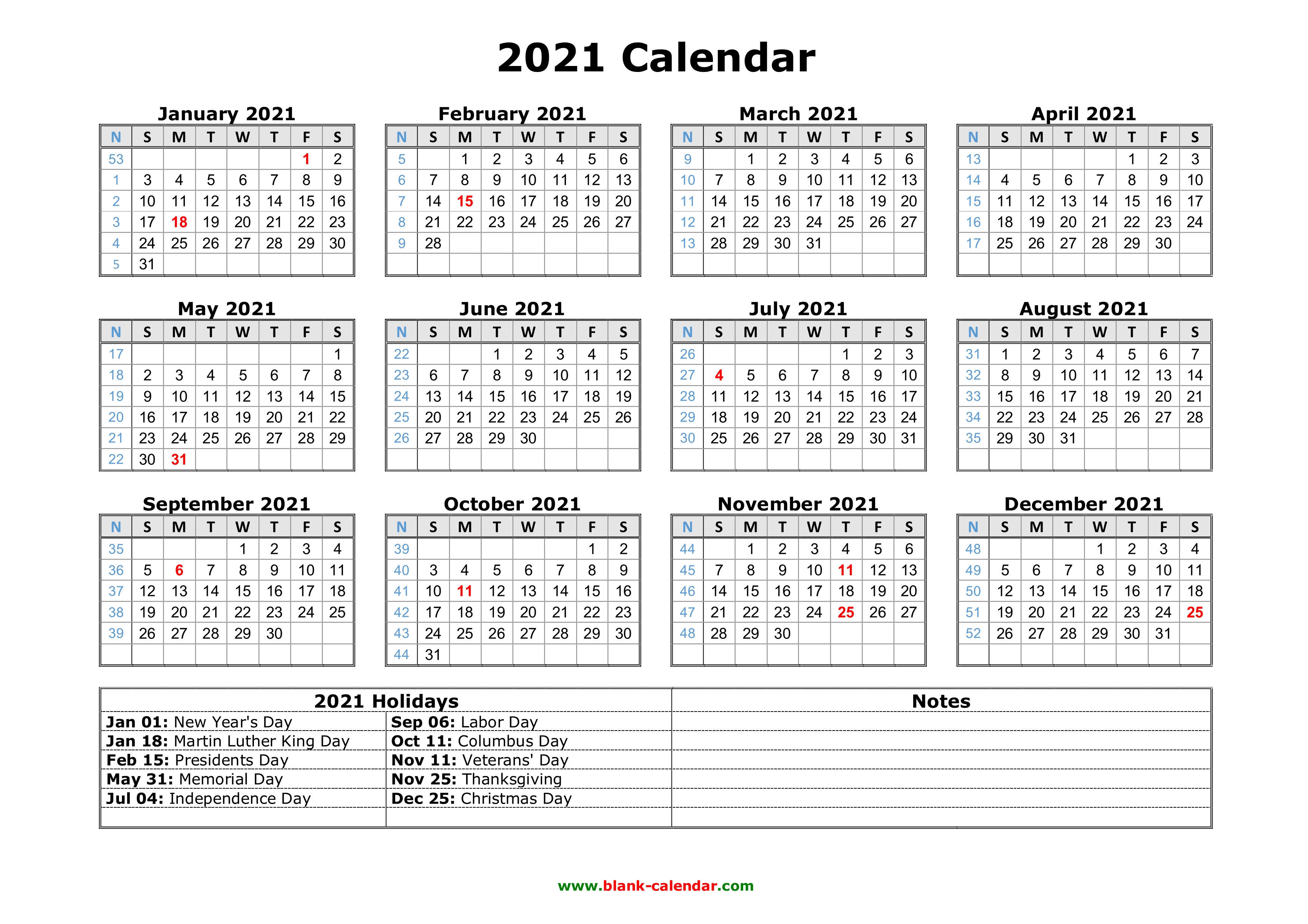 12 Month Printable Calendar 2021 With Holidays | 2021 Calendar