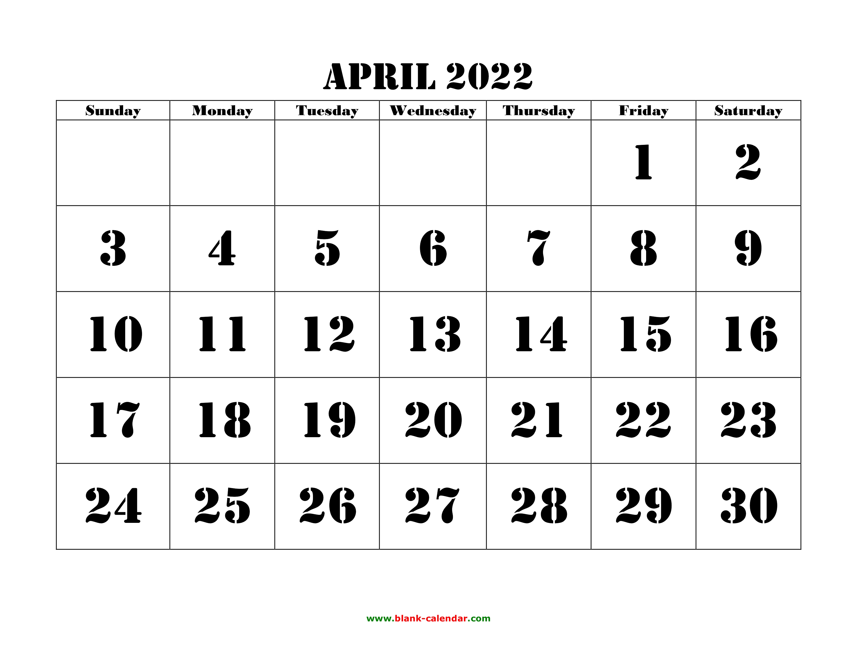 Free Download Printable April 2022 Calendar Large Font Design