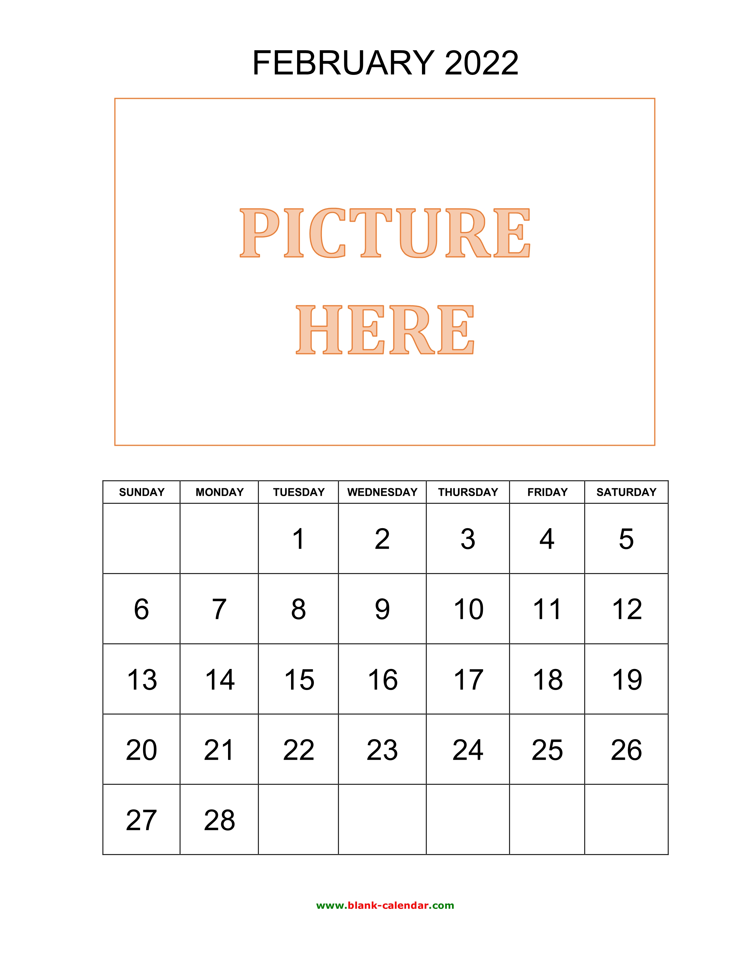 Free Download Printable February 2022 Calendar, Pictures Can Be Placed At The Top