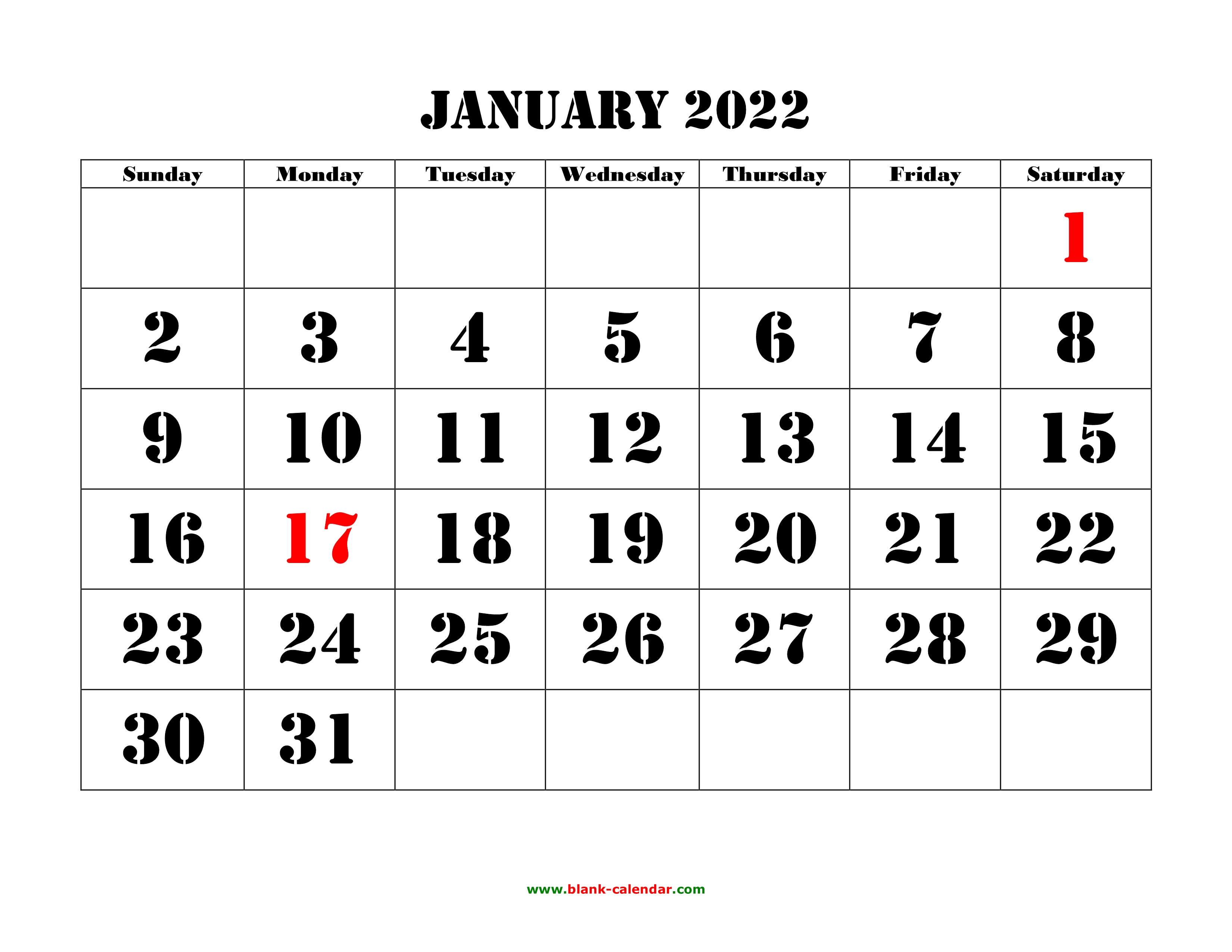 Large Printable Calendar 2022 Free Download Printable January 2022 Calendar, Large Font Design , Holidays  On Red