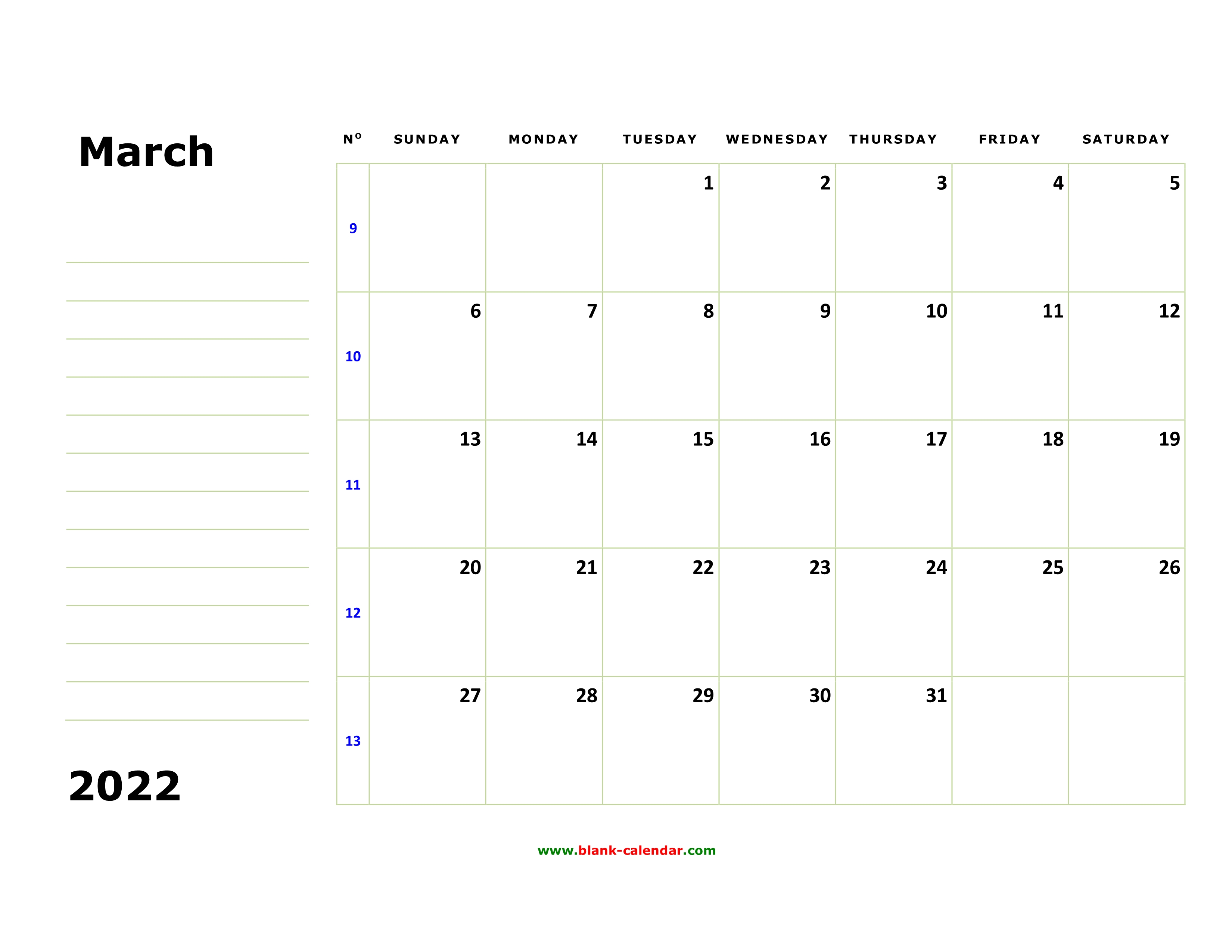 Free Download Printable March 2022 Calendar, large box