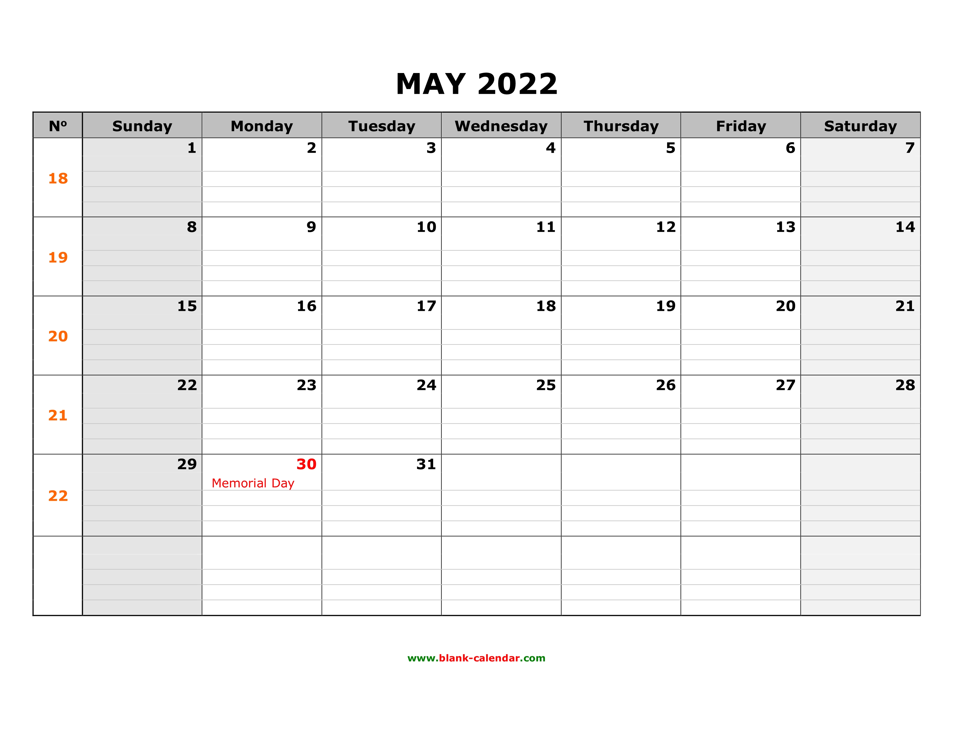 Large May 2022 Calendar Free Download Printable May 2022 Calendar, Large Box Grid, Space For Notes
