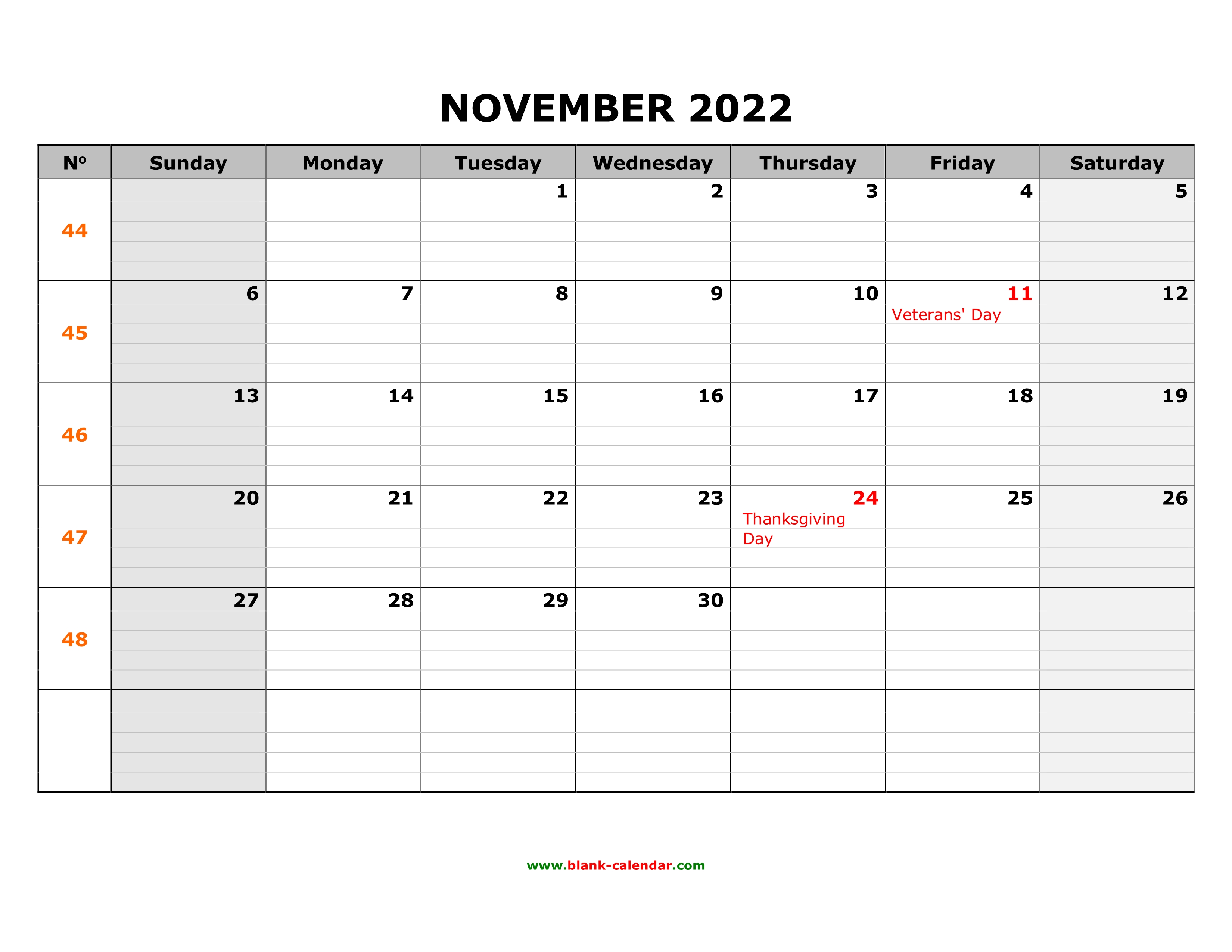 Free Download Printable November 2022 Calendar Large Box Grid Space