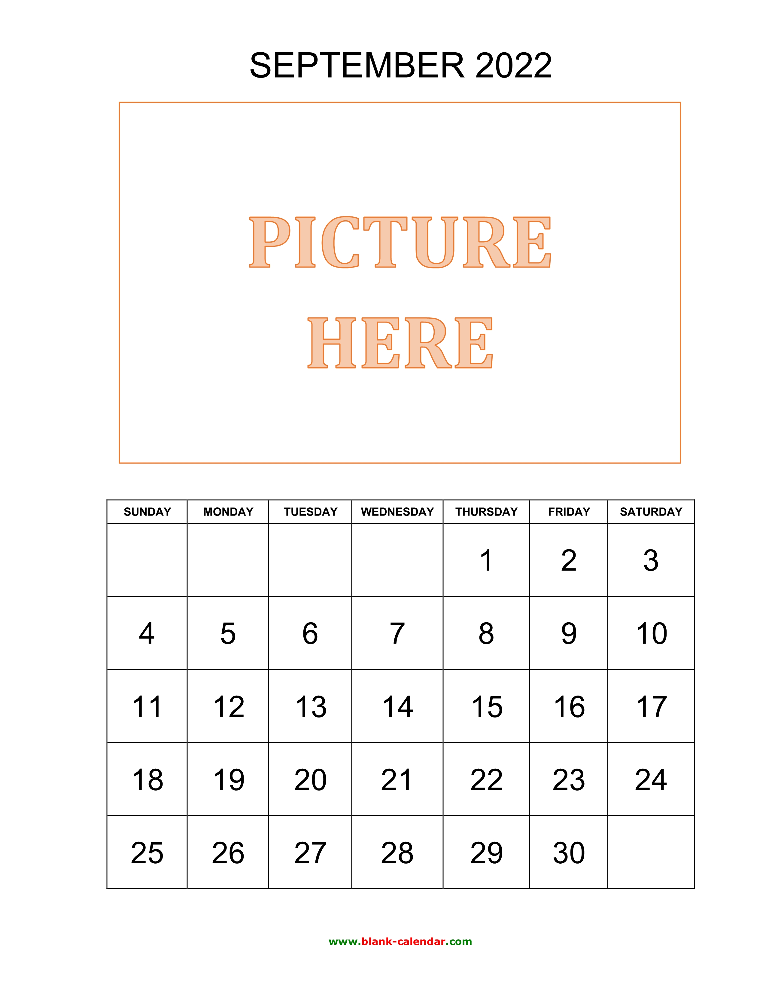 Free Download Printable September 2022 Calendar, Pictures Can Be Placed At The Top