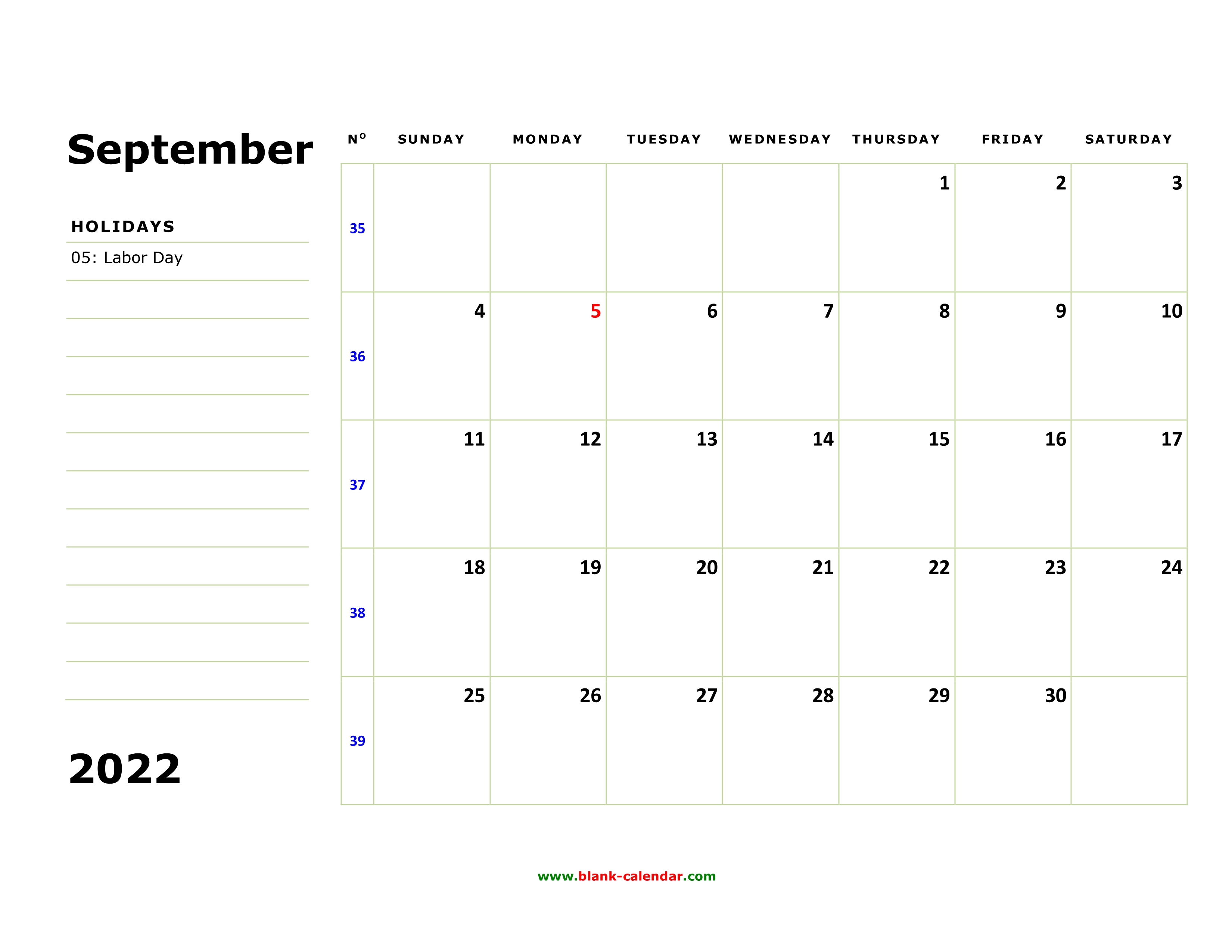 September 2022 Calendar With Notes Free Download Printable September 2022 Calendar, Large Box, Holidays  Listed, Space For Notes