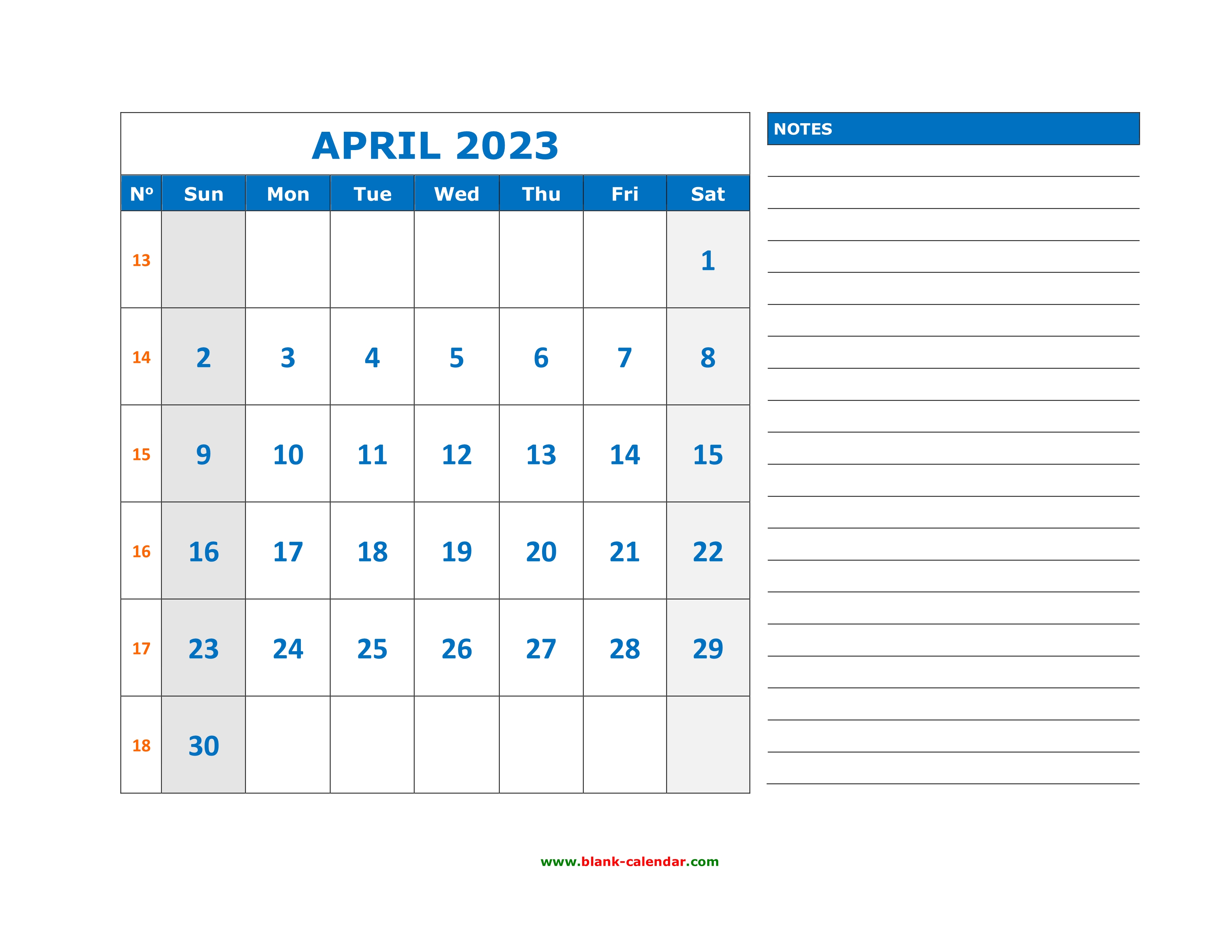 Free Download Printable April 2023 Calendar Large Space For