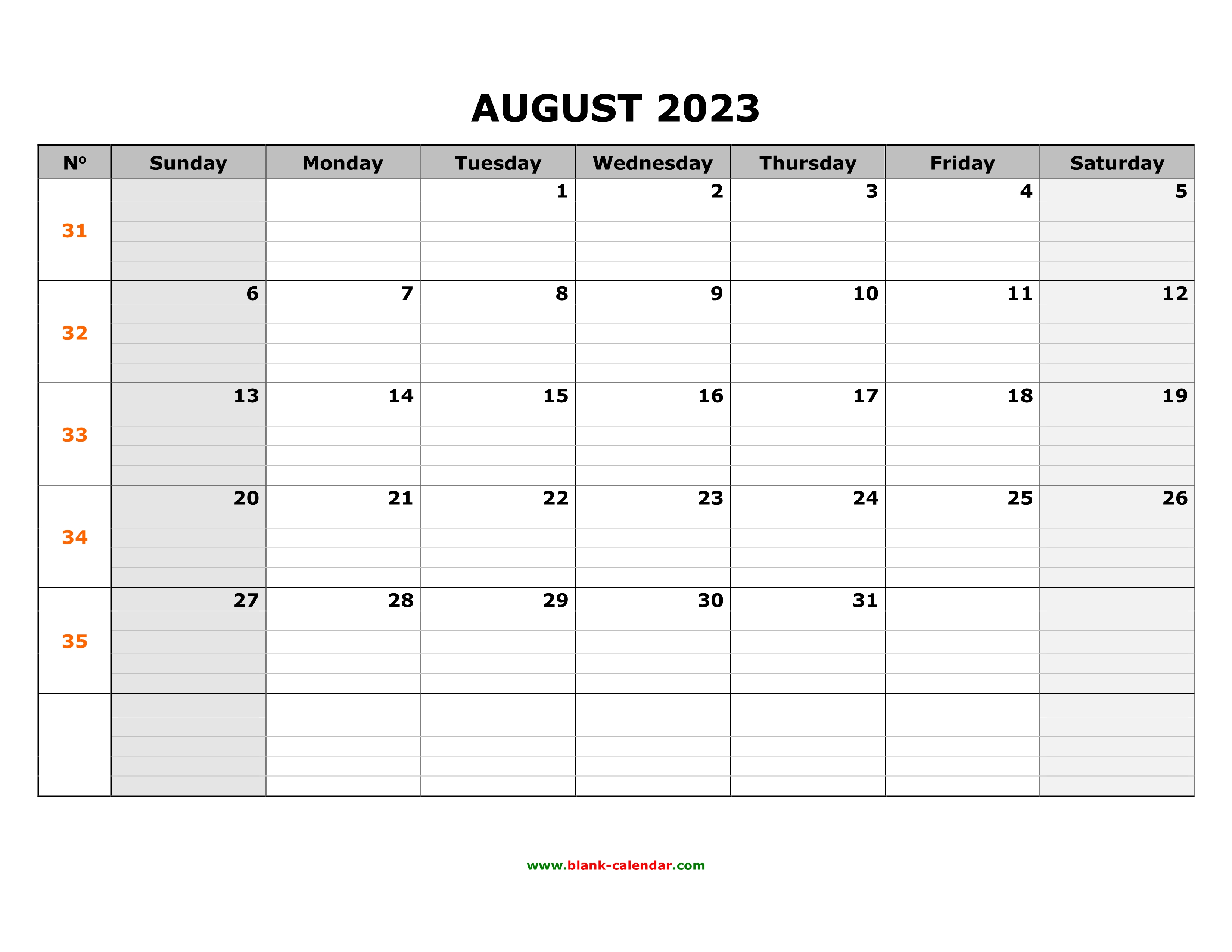 Free Download Printable August 2023 Calendar, large box grid, space for