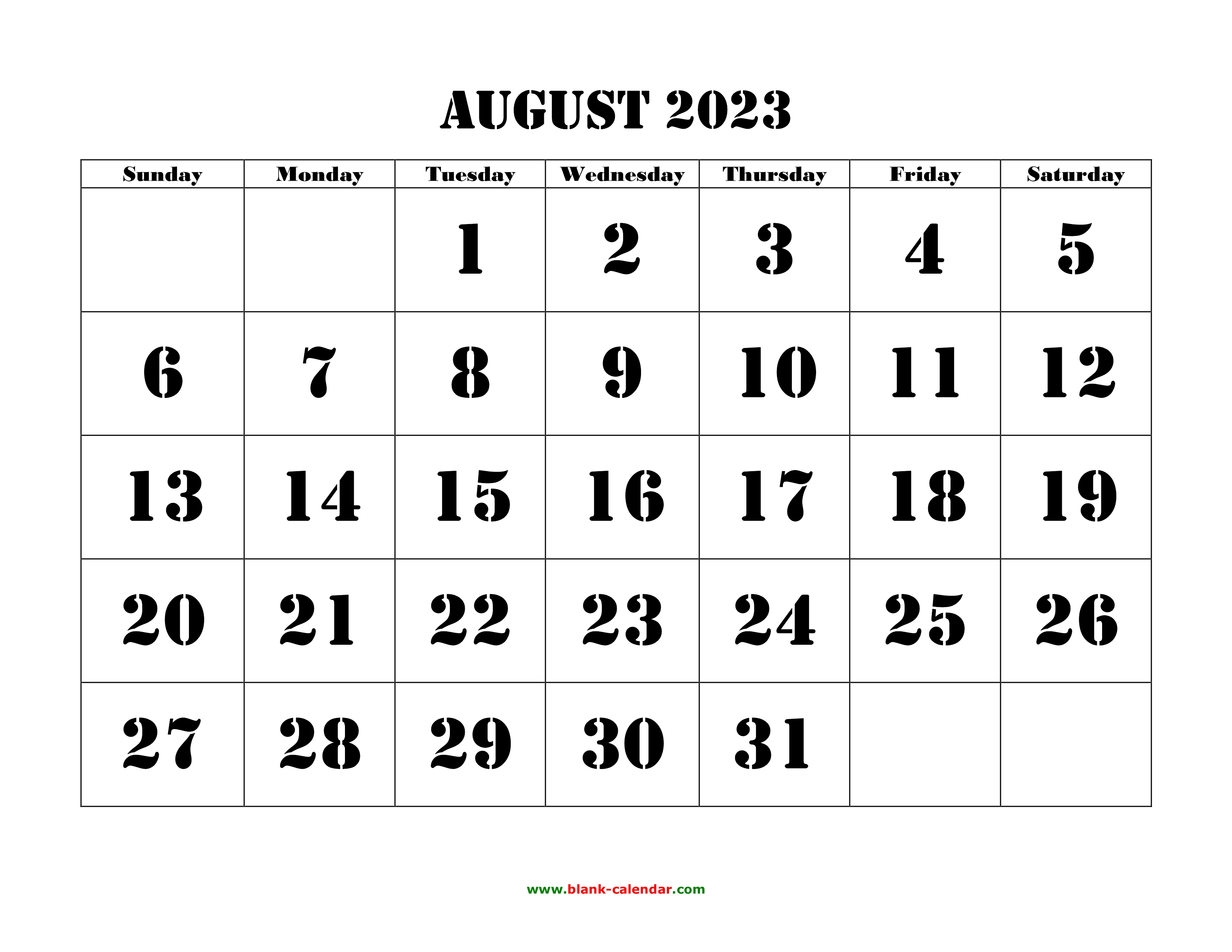 Free Download Printable August 2023 Calendar, large font design