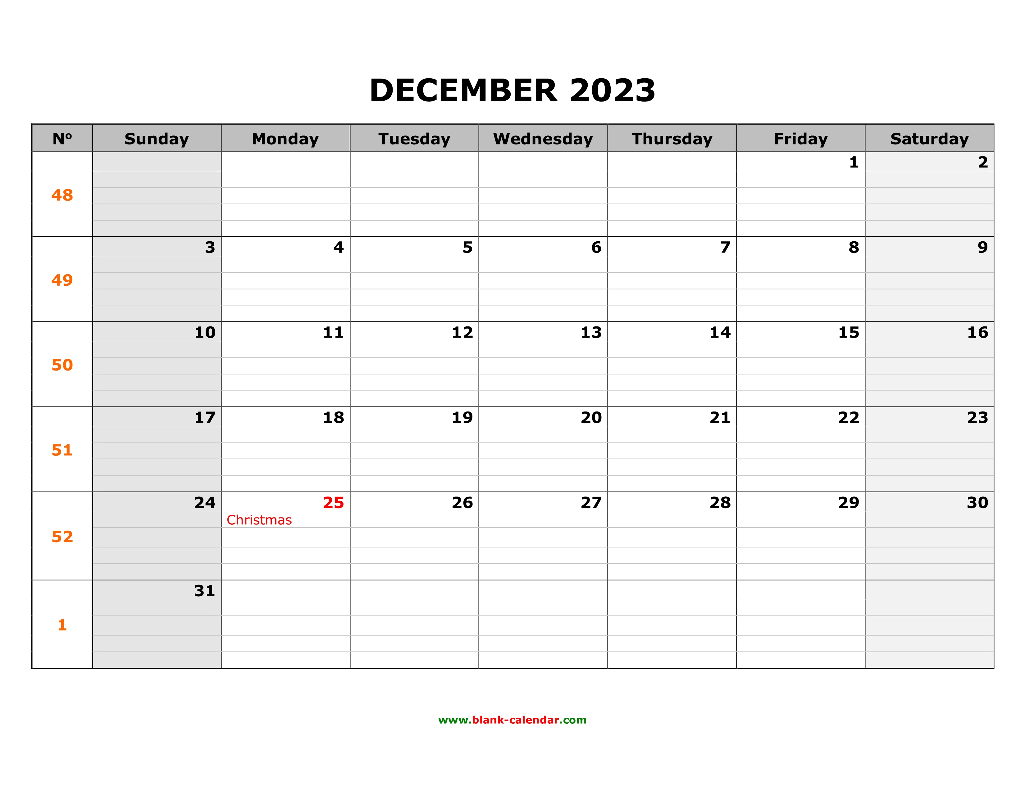 Free Download Printable December 2023 Calendar Large Box Grid Space