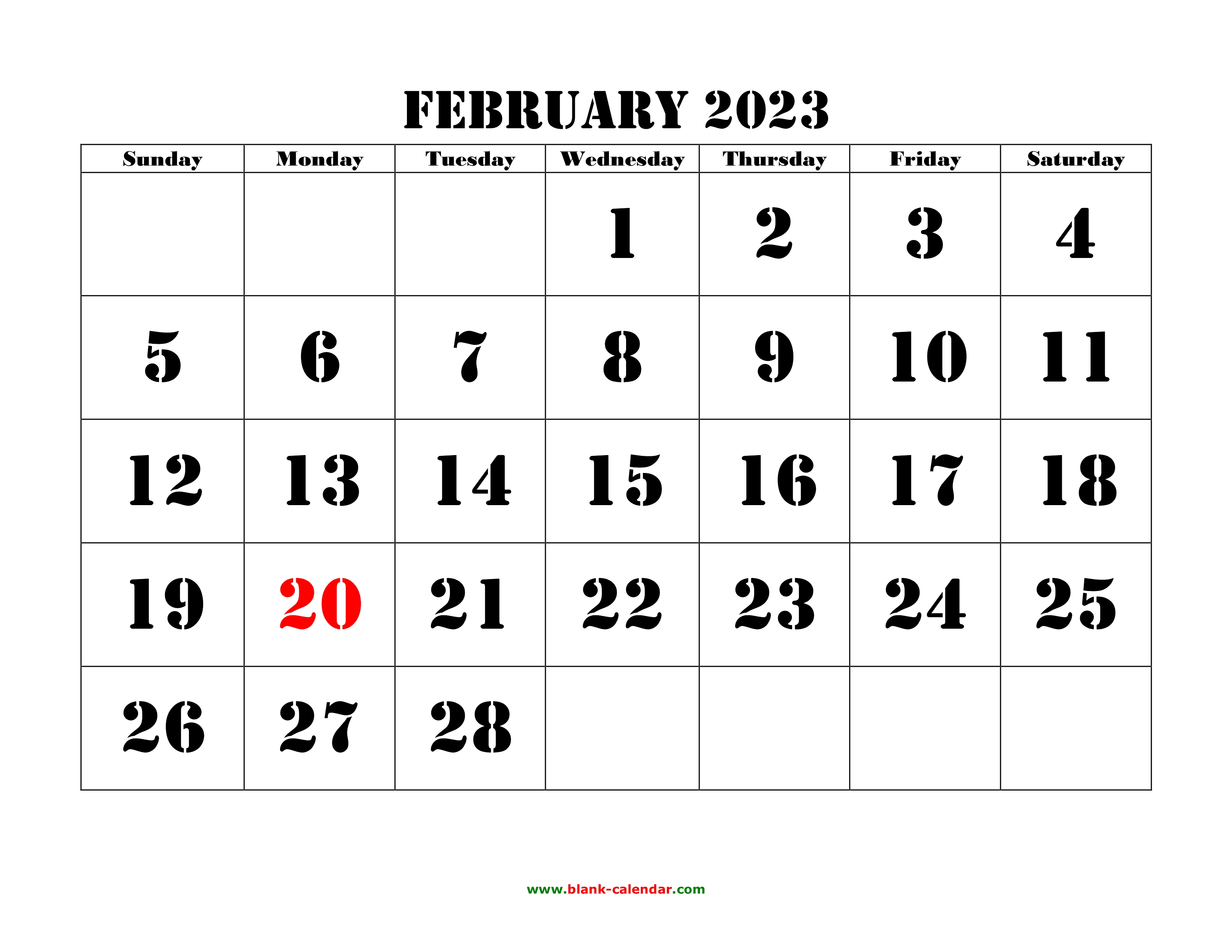 Free Download Printable February 2023 Calendar, large font design