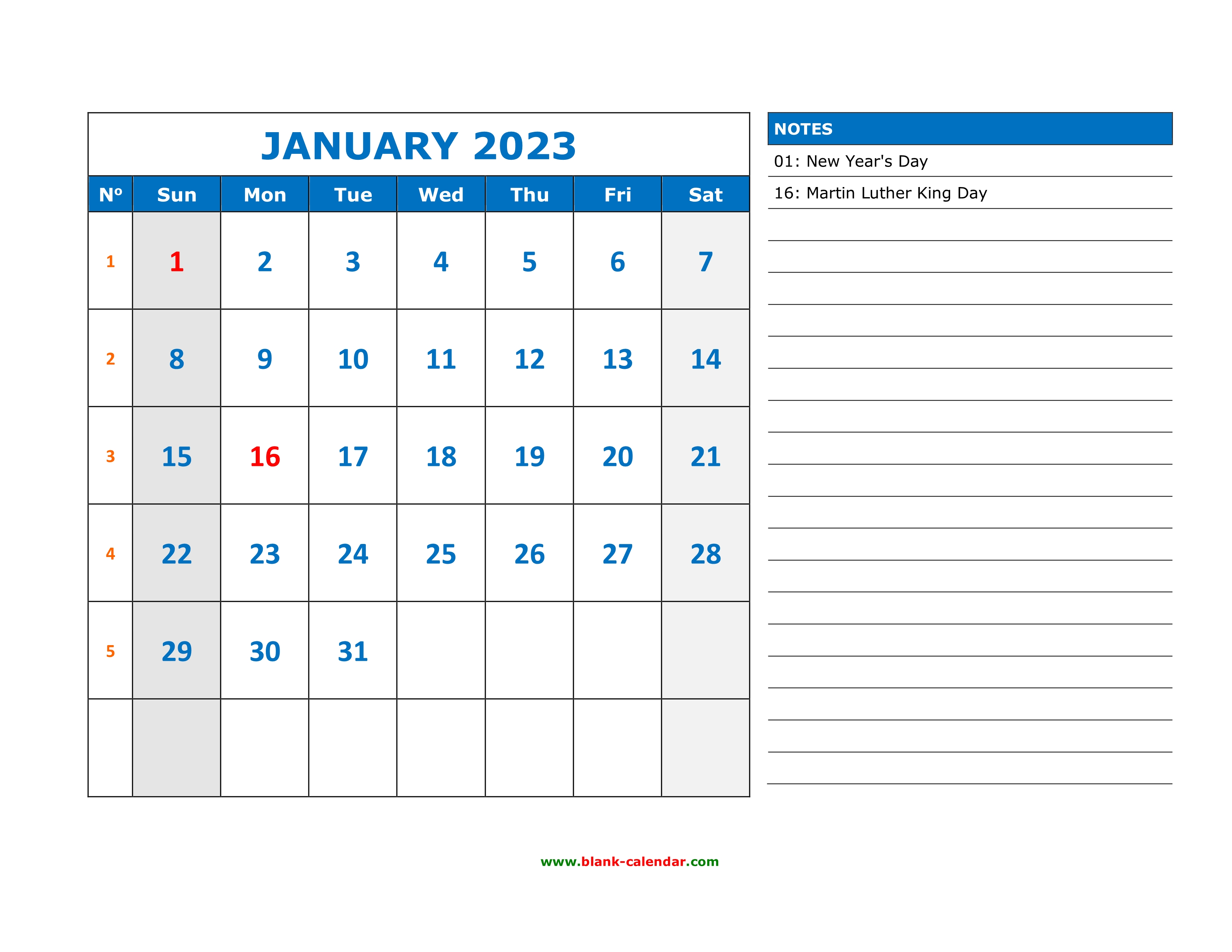 Free Download Printable January 2023 Calendar Large Space For